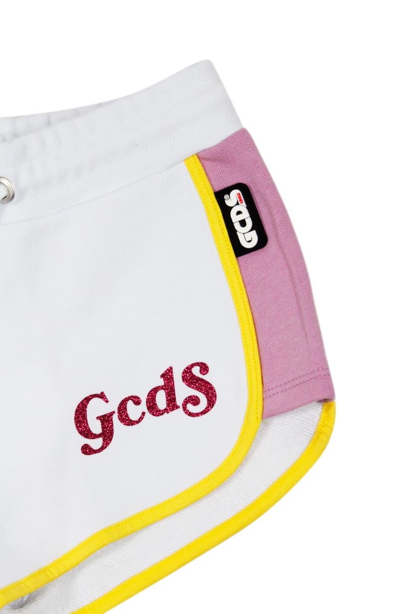 Shop Gcds Cotton Fleece Shorts With Drawstring And Lurex Lettering In White