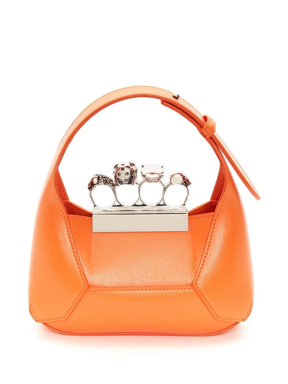 Alexander Mcqueen Mini Jewelled Hobo Leather Bag In Arancione