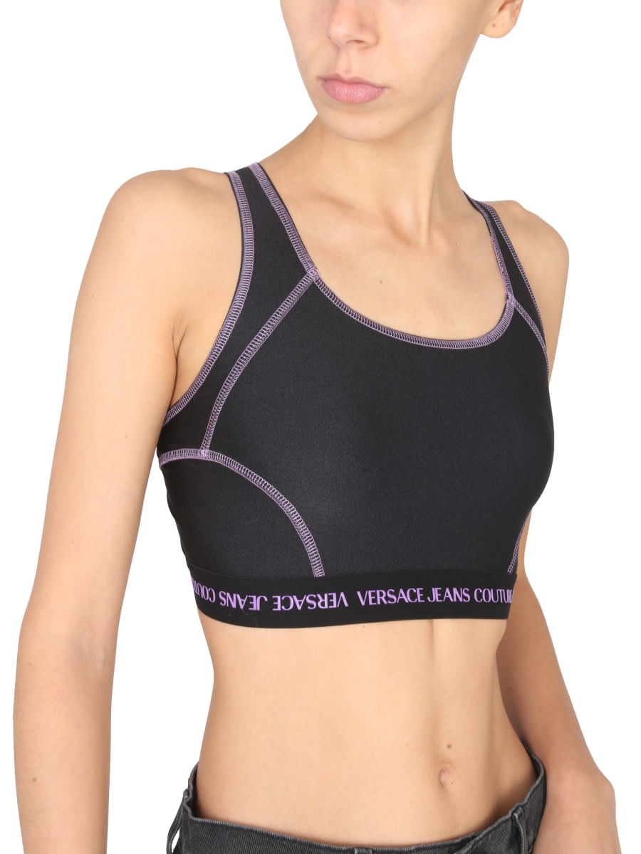 Versace Jeans Couture Logo Band Crop Top With Contrast Stitching In Black