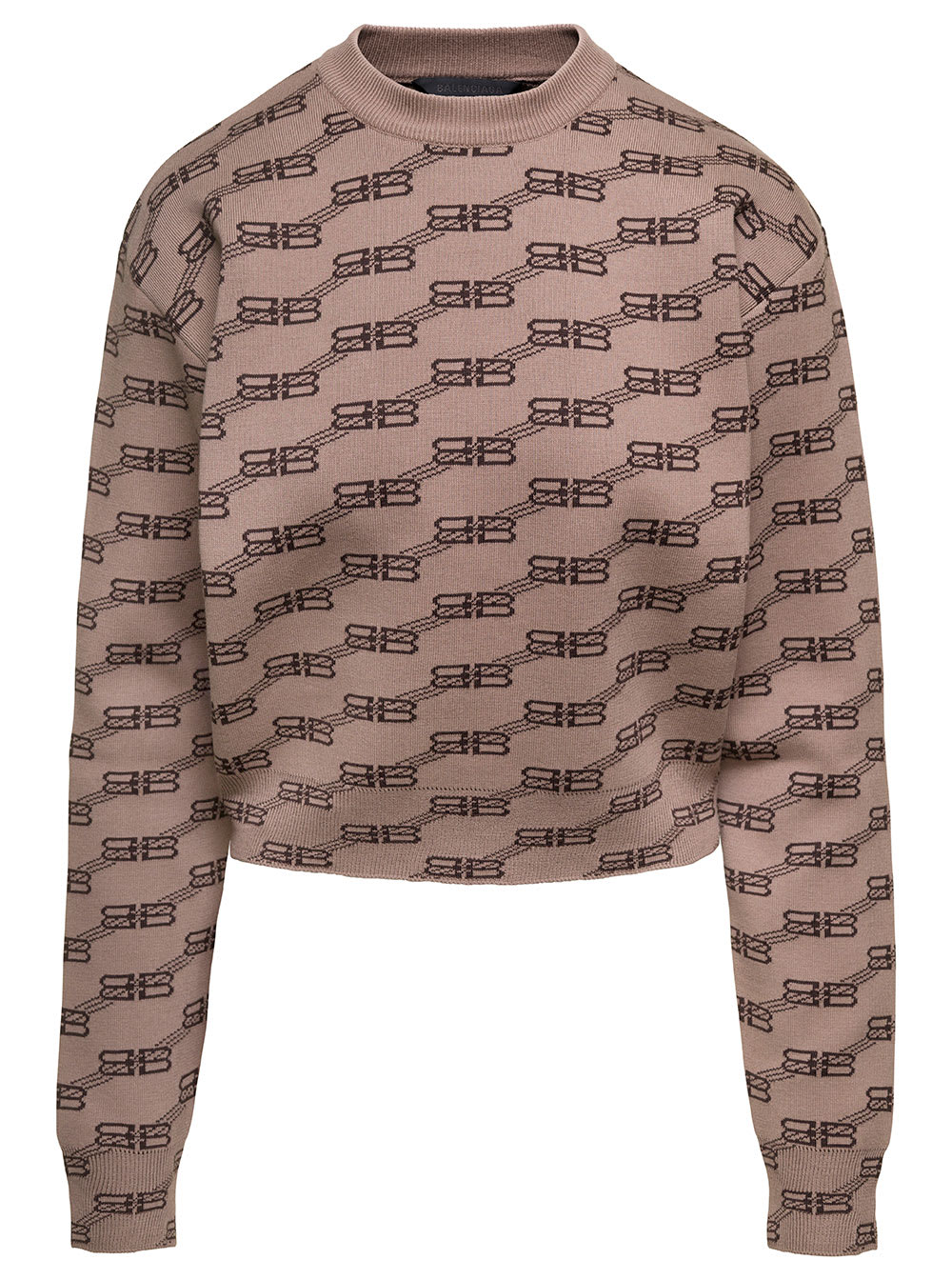 BALENCIAGA BEIGE CREWNECK SWEATER WITH ALL-OVER JACQUARD LOGO IN COTTON WOMAN