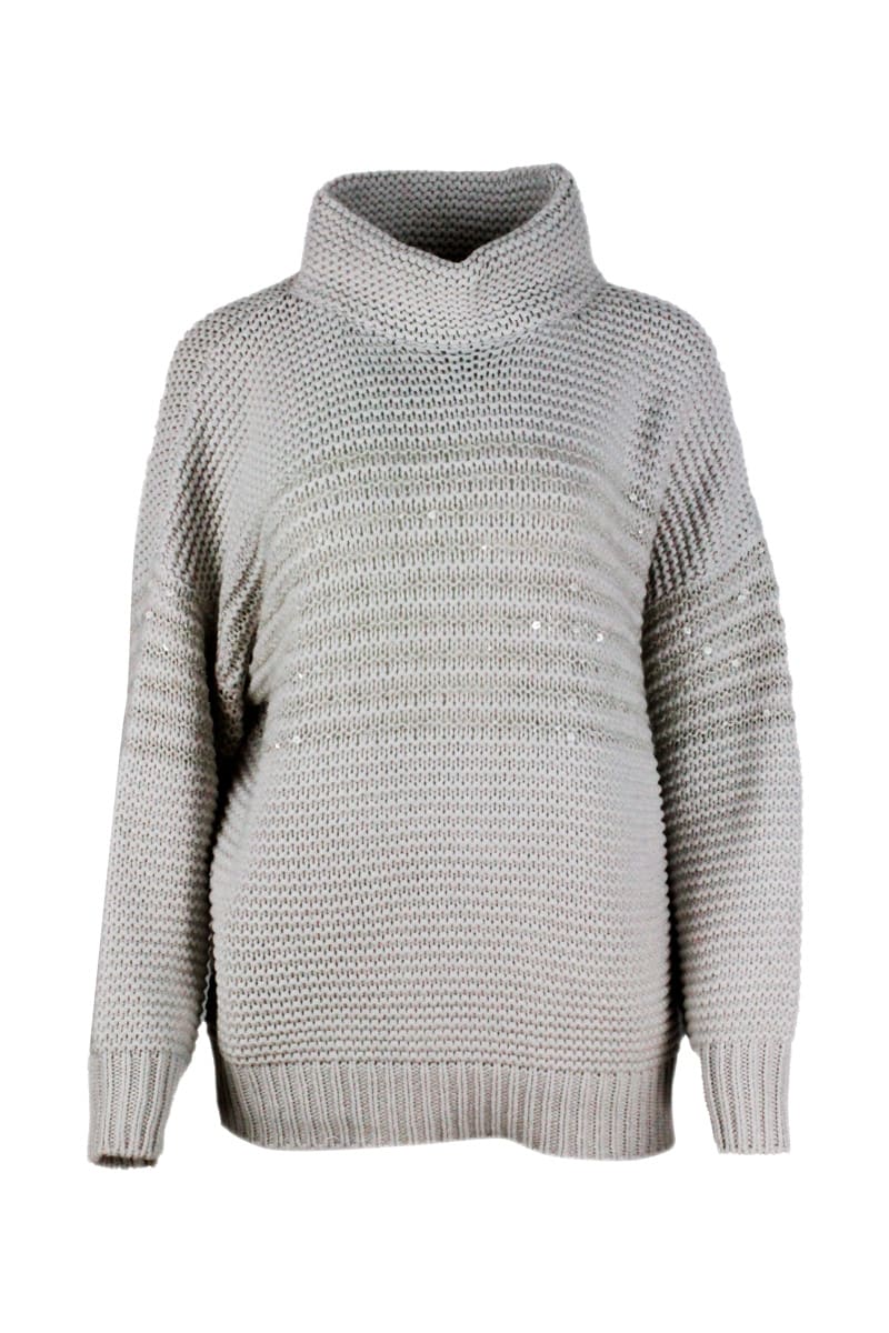 Brunello Cucinelli Crater Neck Sweater In Cashmere, Wool And Silk With Links Stitch Embellished With Applied Sequins