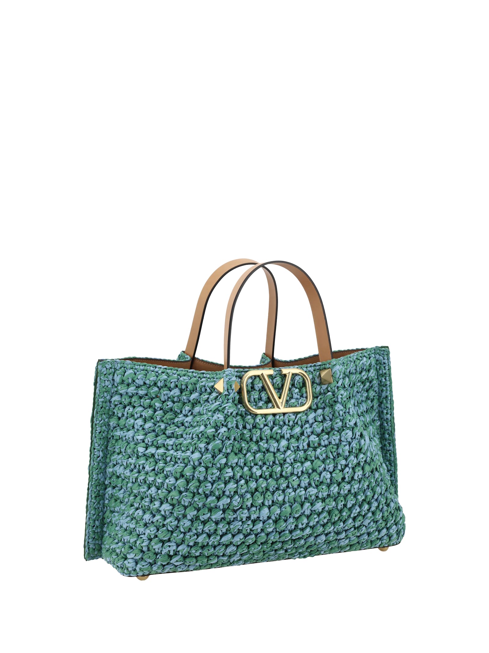 Shop Valentino Raffia Tote Bag In Verde-azzurro/natural Camel/h.blu-b.gras