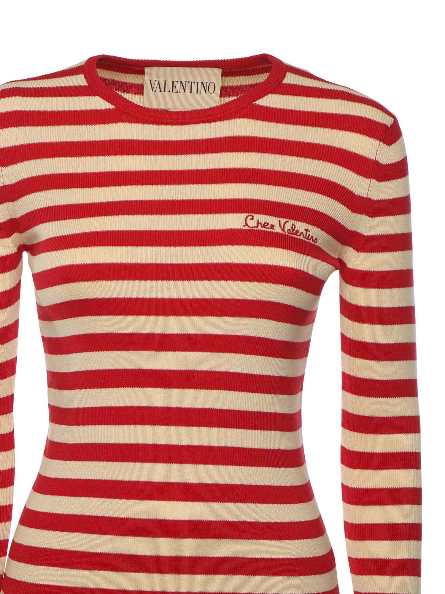Valentino Embroidered Striped Ribbed-knit Cotton Sweater In Multi
