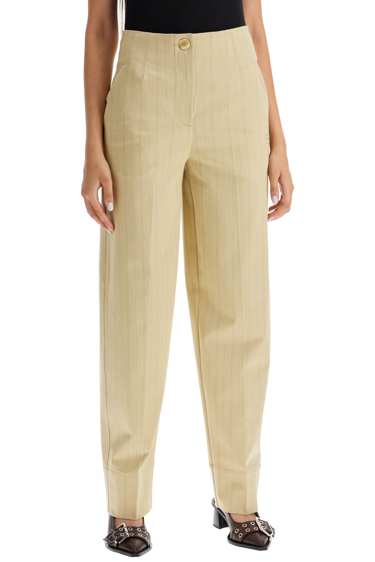 Shop Ganni Striped Tapered Trousers In Sahara Sun (beige)