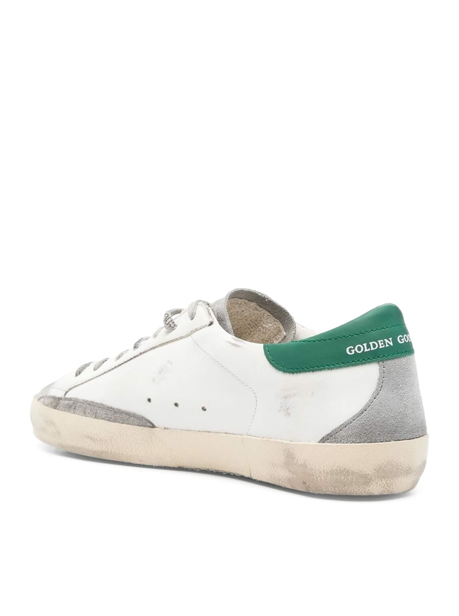 Shop Golden Goose Super-star Leather Upper And Heel Suede Toe And Spur Laminated Star Metal Lettering In White Grey Silver Green