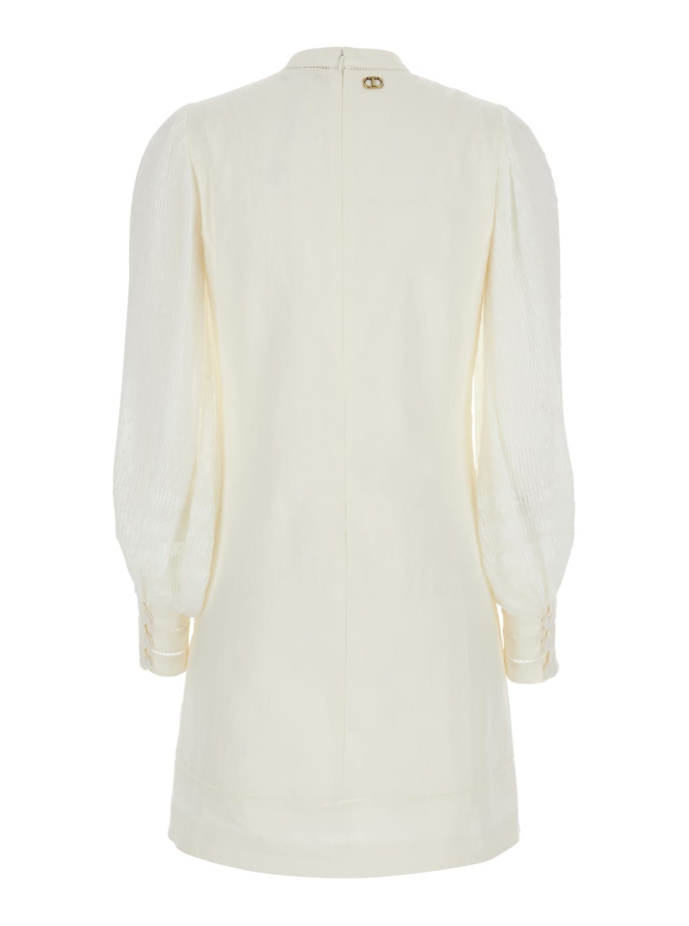 TWINSET WHITE DRESS WITH LOGO PLAQUE ON THE BACK AND OPENWORK DETAIL ON THE CUFFS IN LINEN AND COTTON BLEND