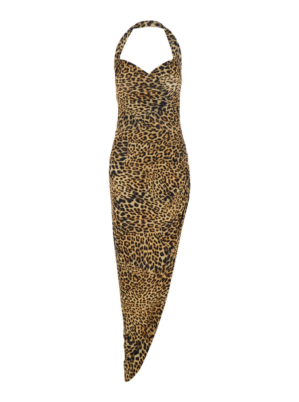 Brown Dress With Leopard Motif And Side Slit In Brown Tech Fabric Woman