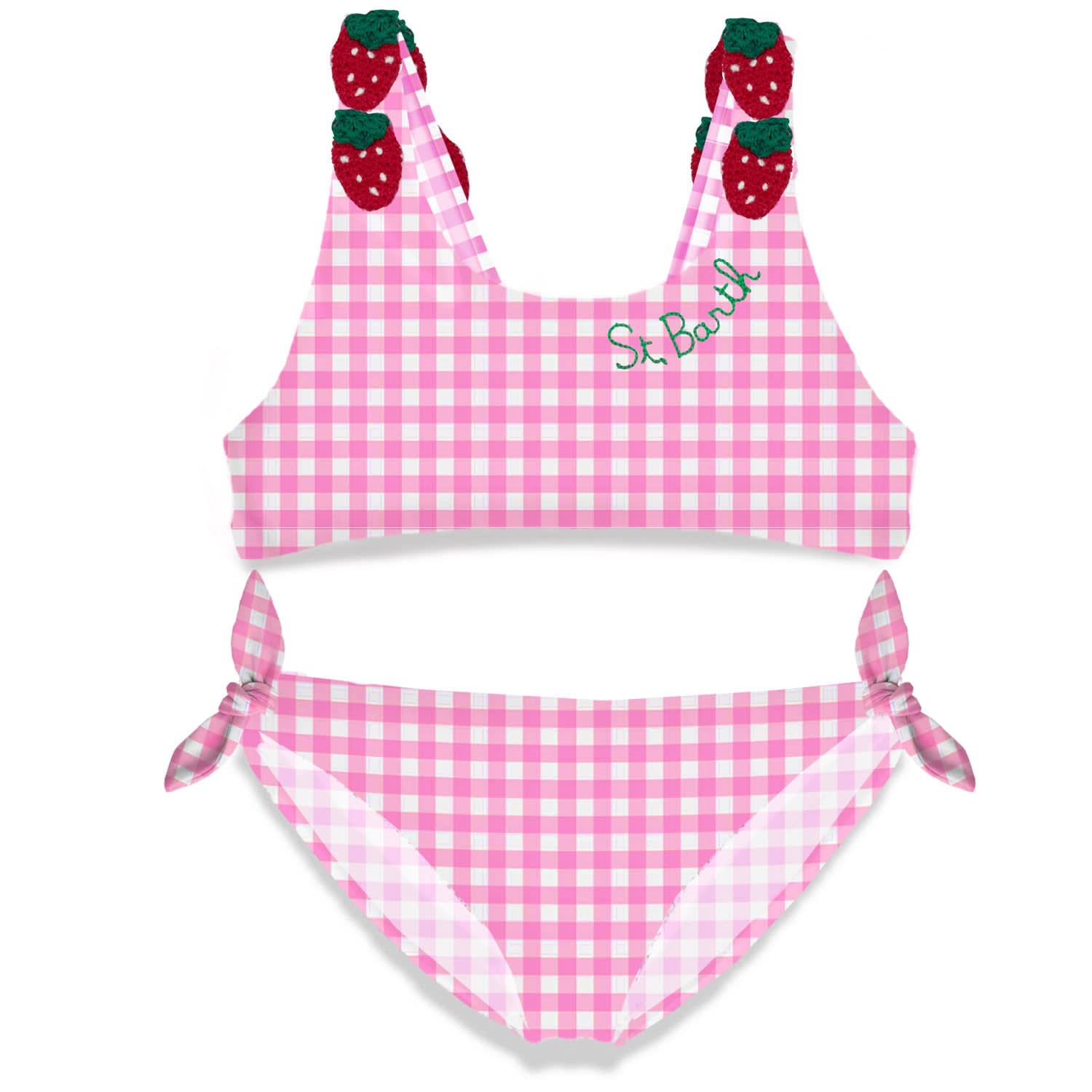 Mc2 Saint Barth Kids' Pink Vichy Print Girl Bikini With Strawberry Applied In Blue