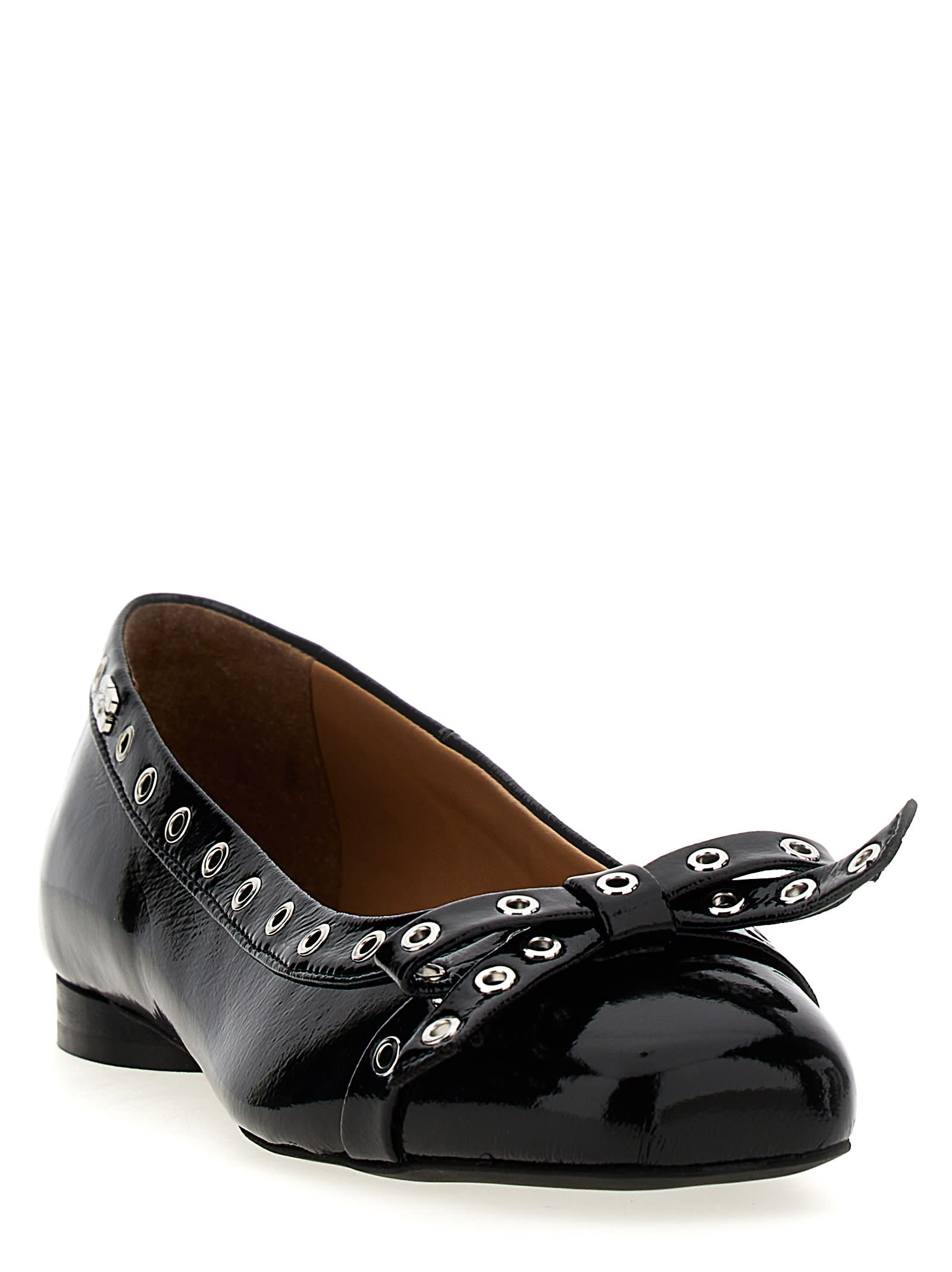 Shop Ganni Eyelets Bow Ballet Flats In Black