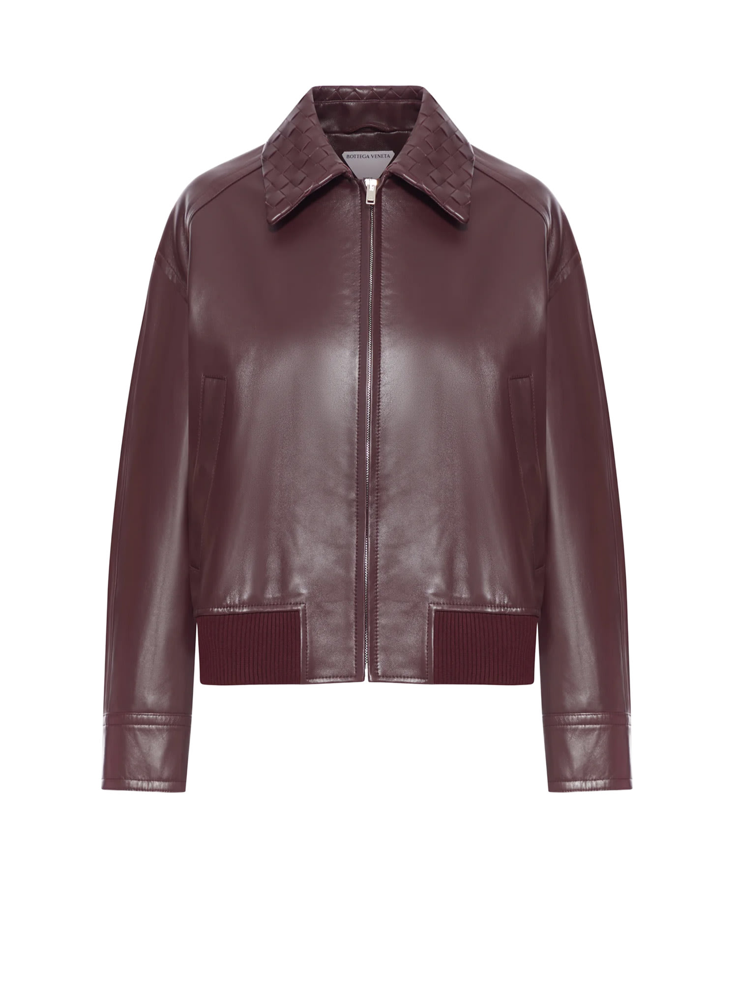 Bottega Veneta Leather Jacket With Intrecciato Motif Collar In Multi