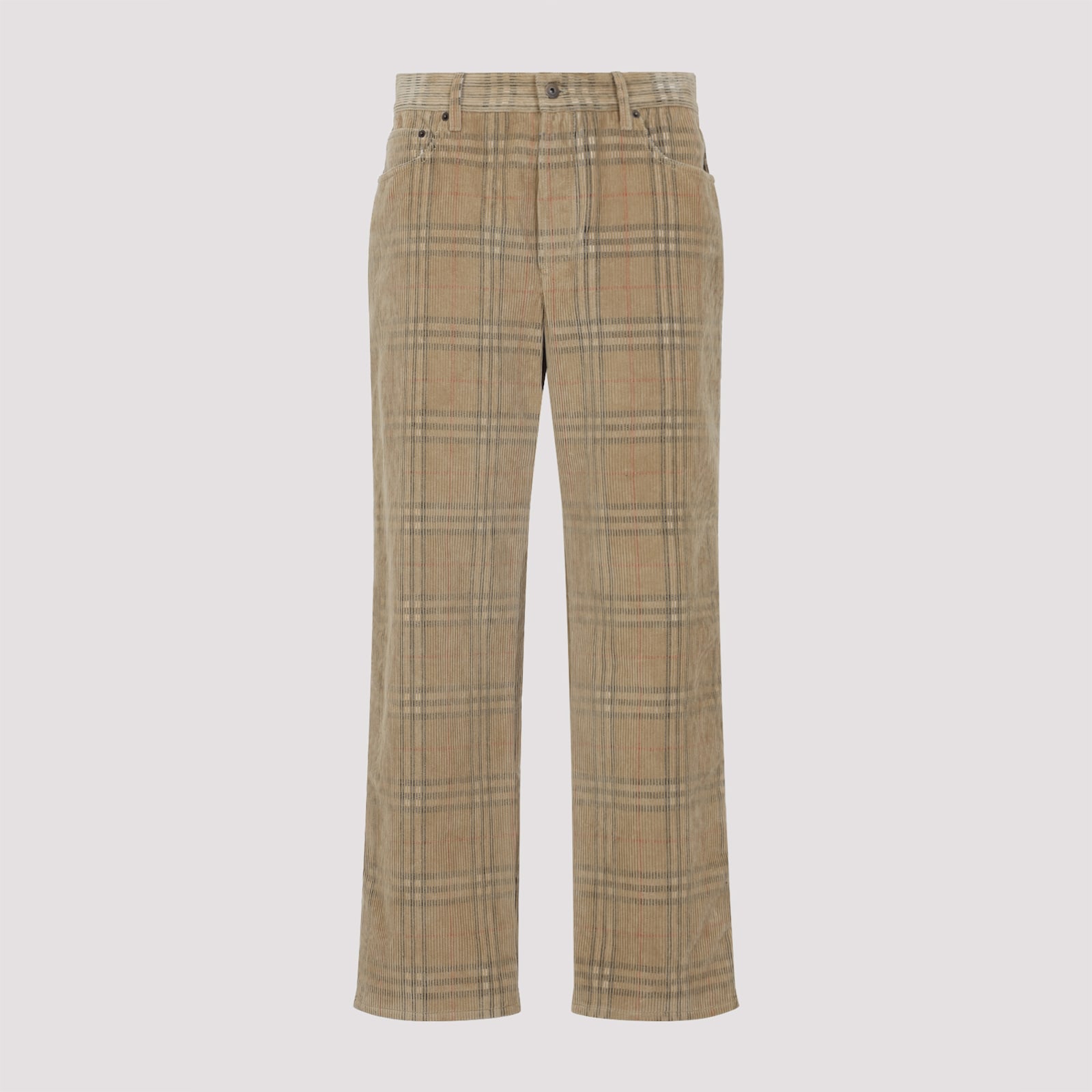 Burberry Sand-coloured Check Corduroy Trousers In Brown