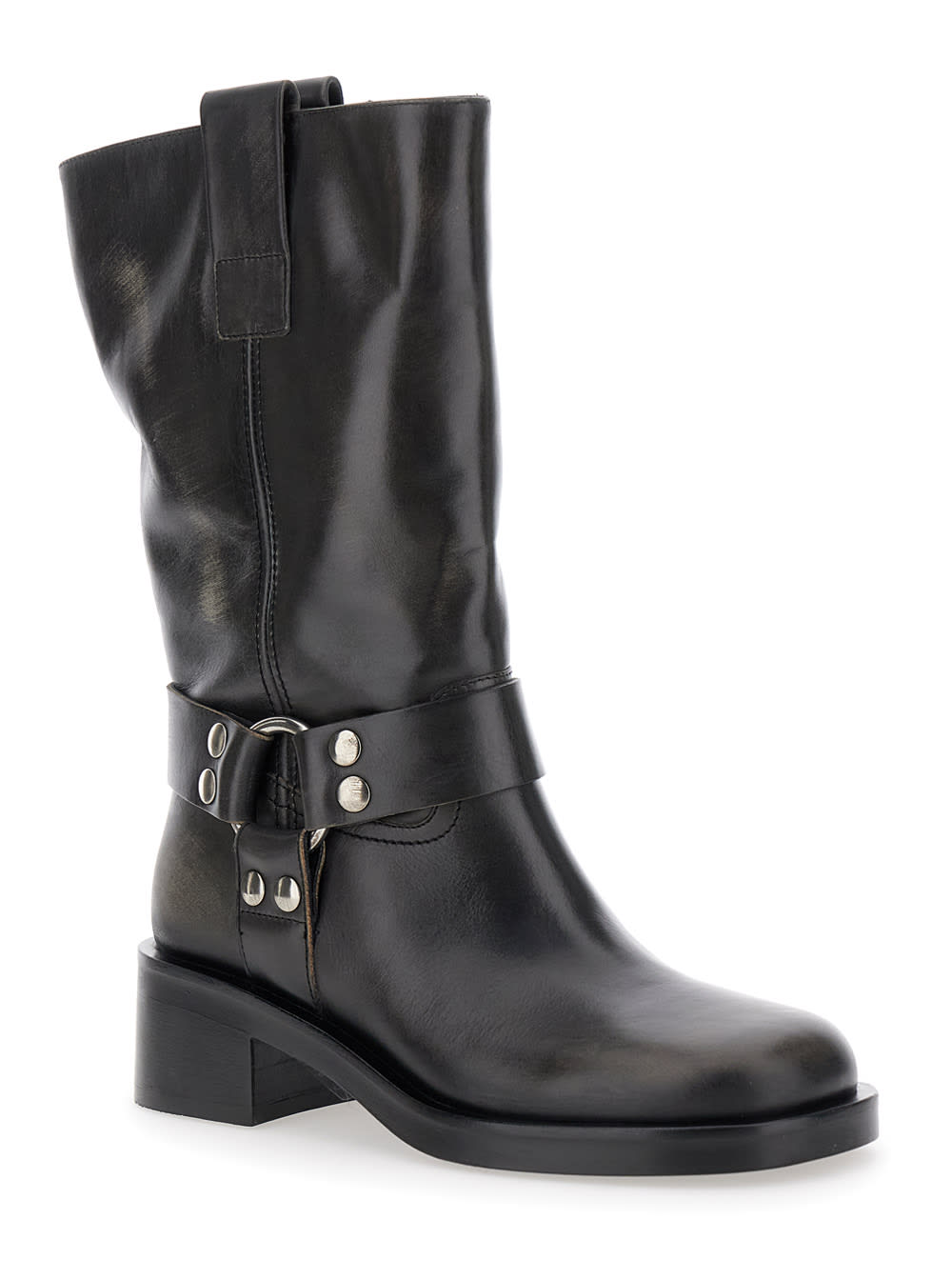 Strategia Black Ankle Boots With Studs And Ring In Leather Woman In Black