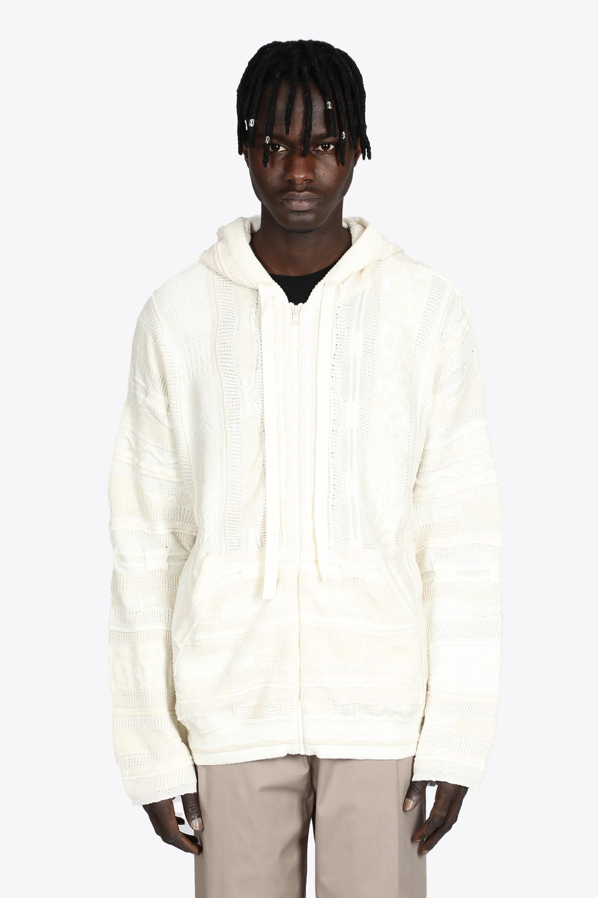 Laneus Cappuccio Jacquard Off-white jacquard cotton hooded pullover with zip