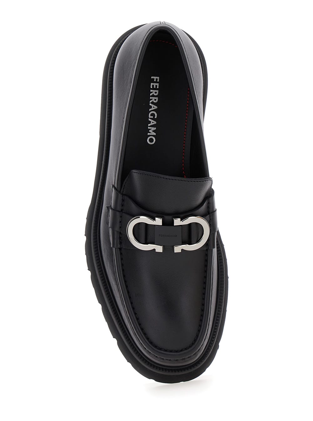 Shop Ferragamo Black Loafers With Platform And Gancini Detail In Leather Man