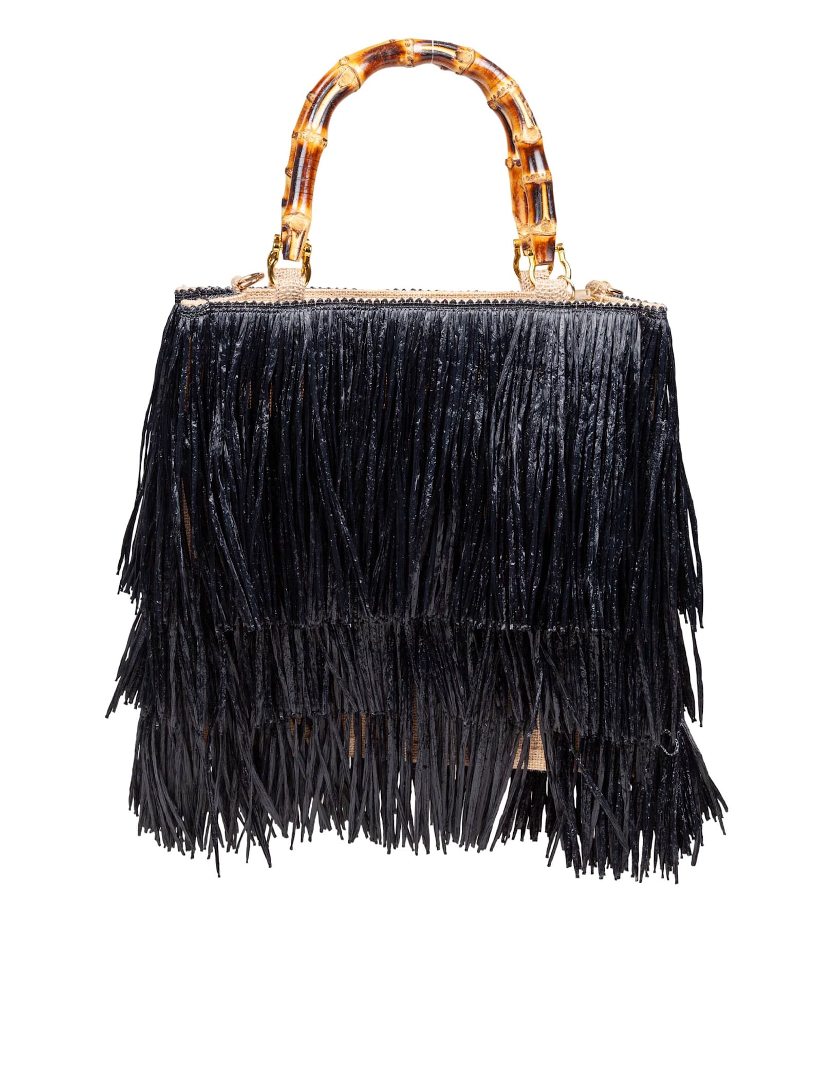 Lamilanesa Medium Black Tan Raffia Shopping Bag With Fringes