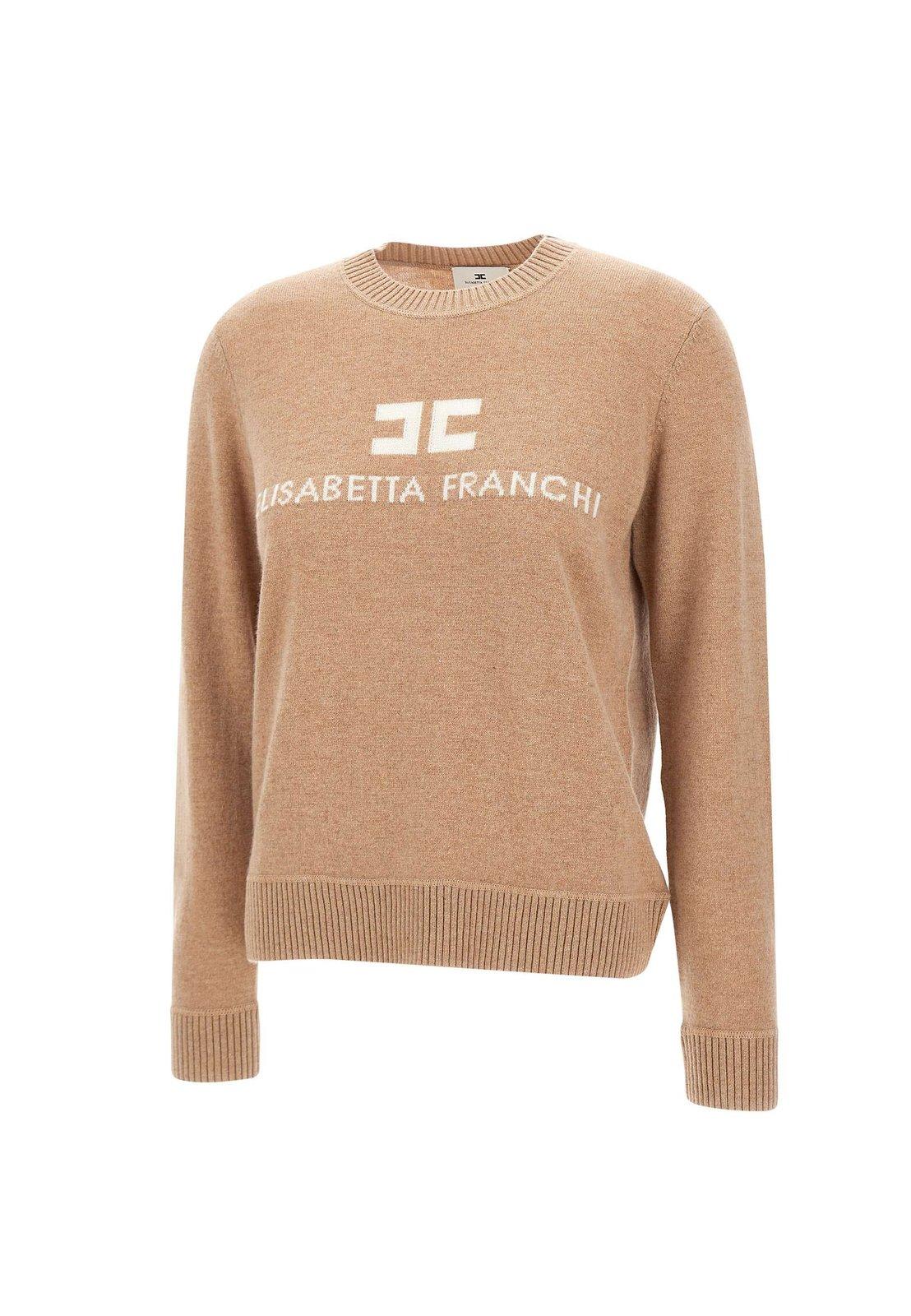 Shop Elisabetta Franchi Logo Embroidered Crewneck Jumper In Cammello-avorio