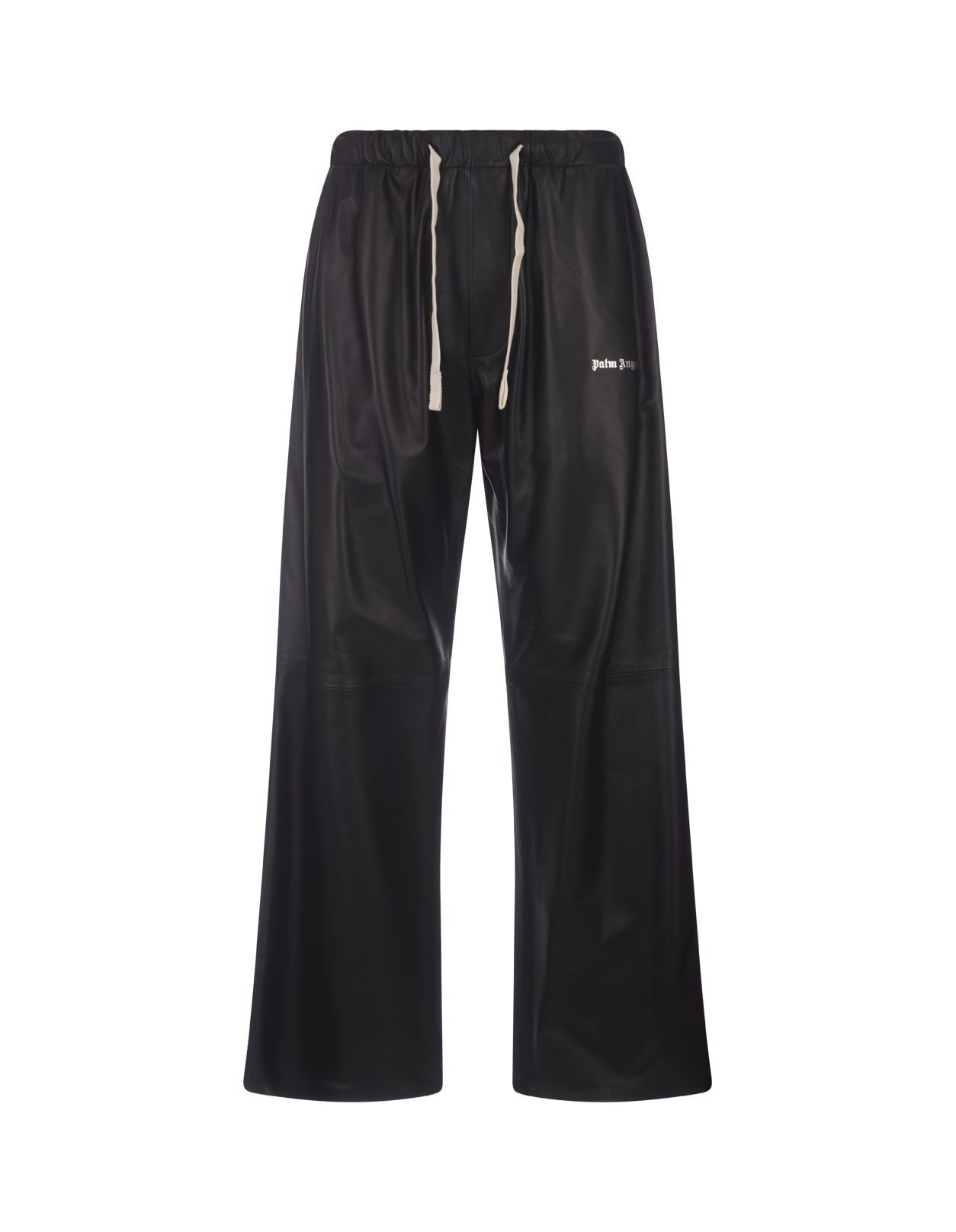 Palm Angels Wide Black Leather Trousers With Logo