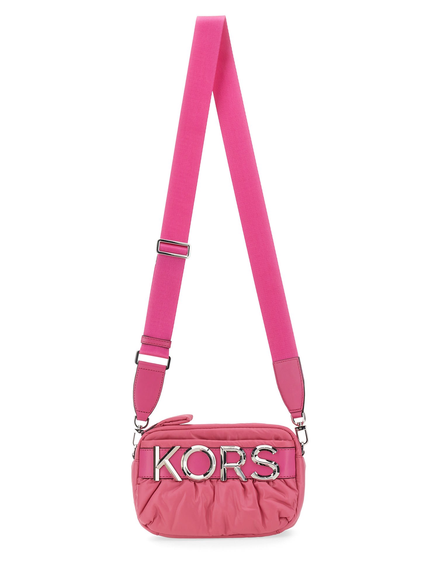 Michael Michael Kors Quilted Camera Bag With Prominent Logo And Adjustable Strap In Fucsia