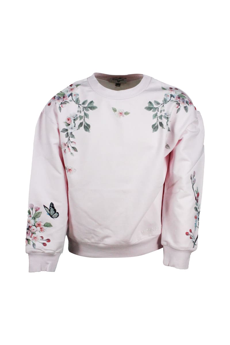 Monnalisa Crewneck Sweatshirt In Cotton With Peach Blossom Print