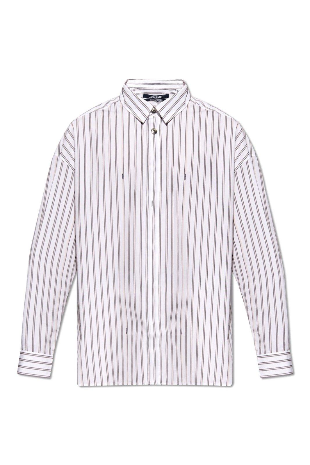 Shop Jacquemus Striped Collared Long-sleeve Shirt In White/neutrals