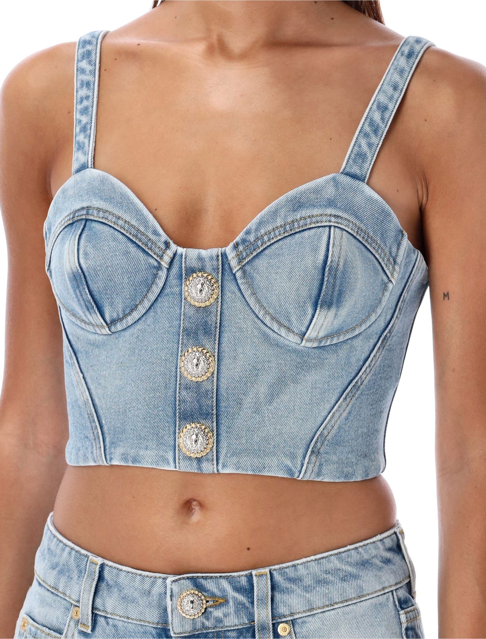 Shop Balmain Denim Bustier Top In Light Blue