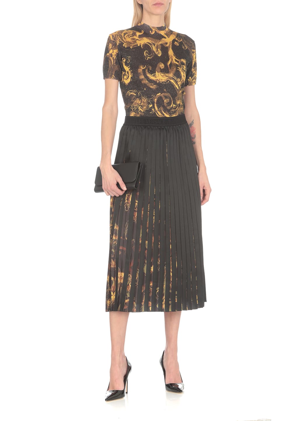 Versace Jeans Couture Barocco-print Glitter Knitted Top In Black