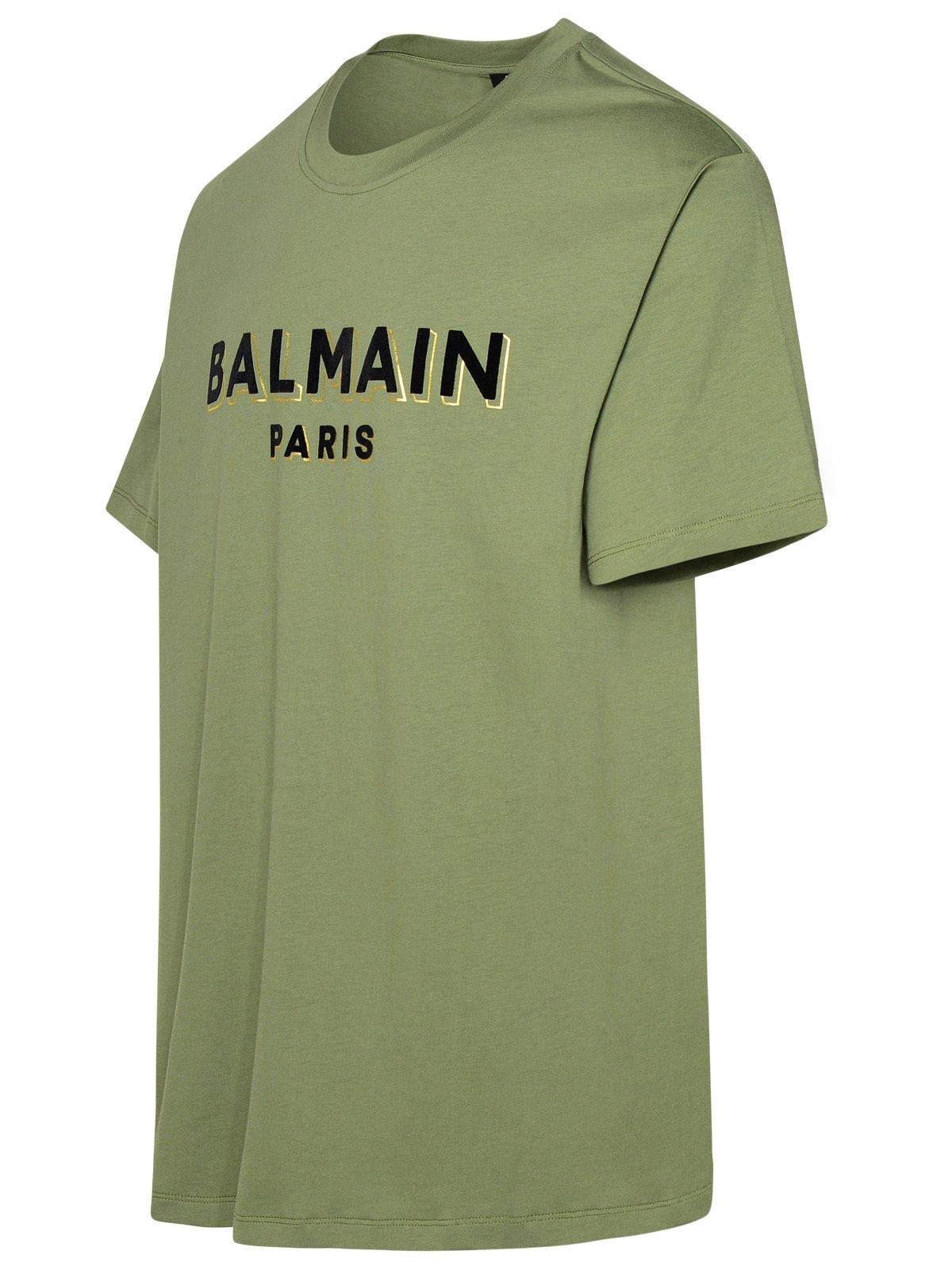 Shop Balmain Logo Printed Crewneck T-shirt In Kaki/noir/or