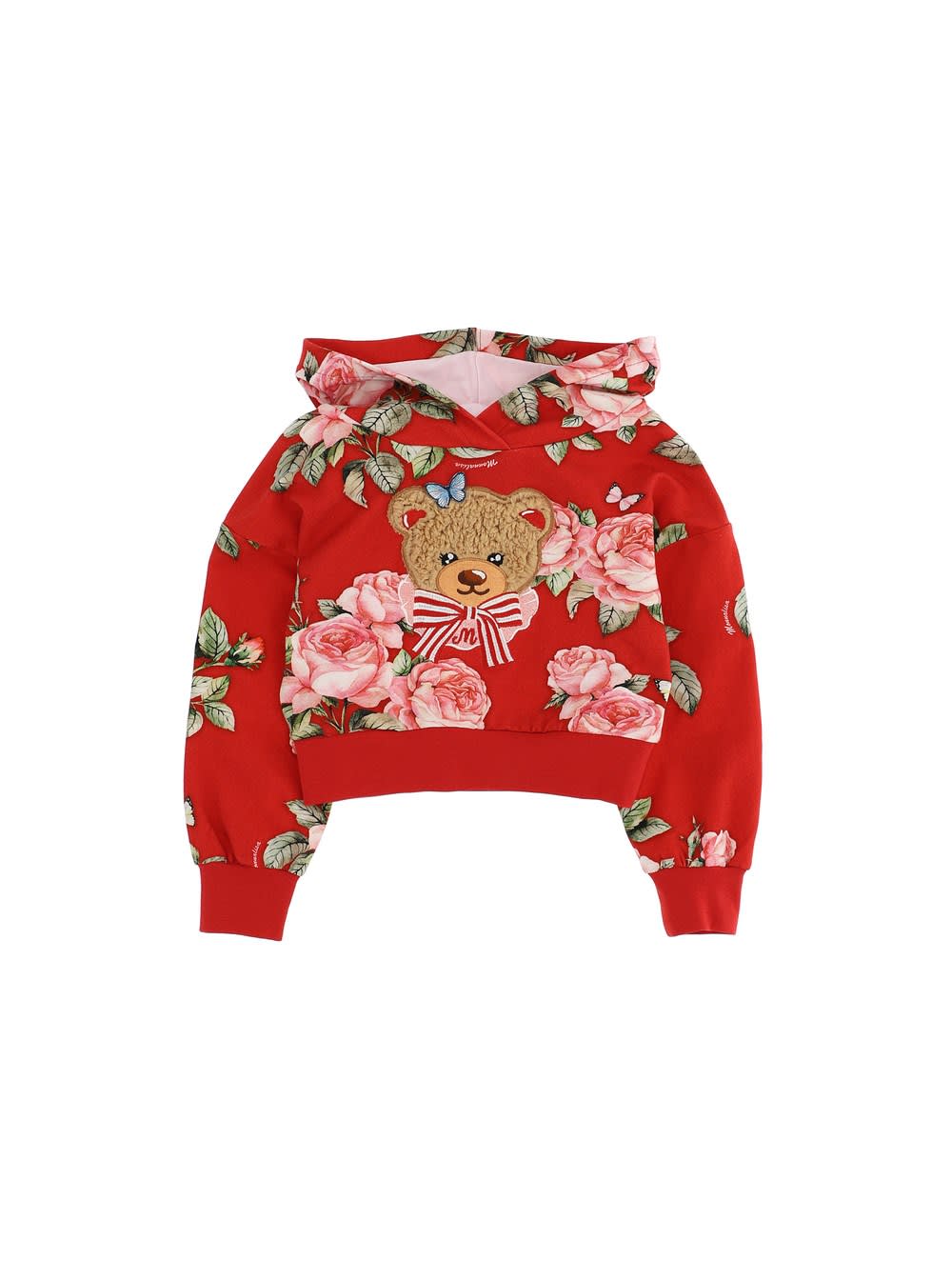 Monnalisa Red Teddy Cotton Hoodie With Floral Print