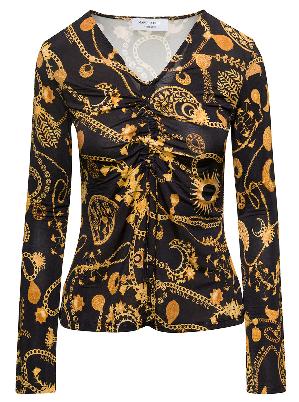 Shop Marine Serre Black Blouse With All-over Graphic Print And Gathering Detail In Stretch Viscose Woman