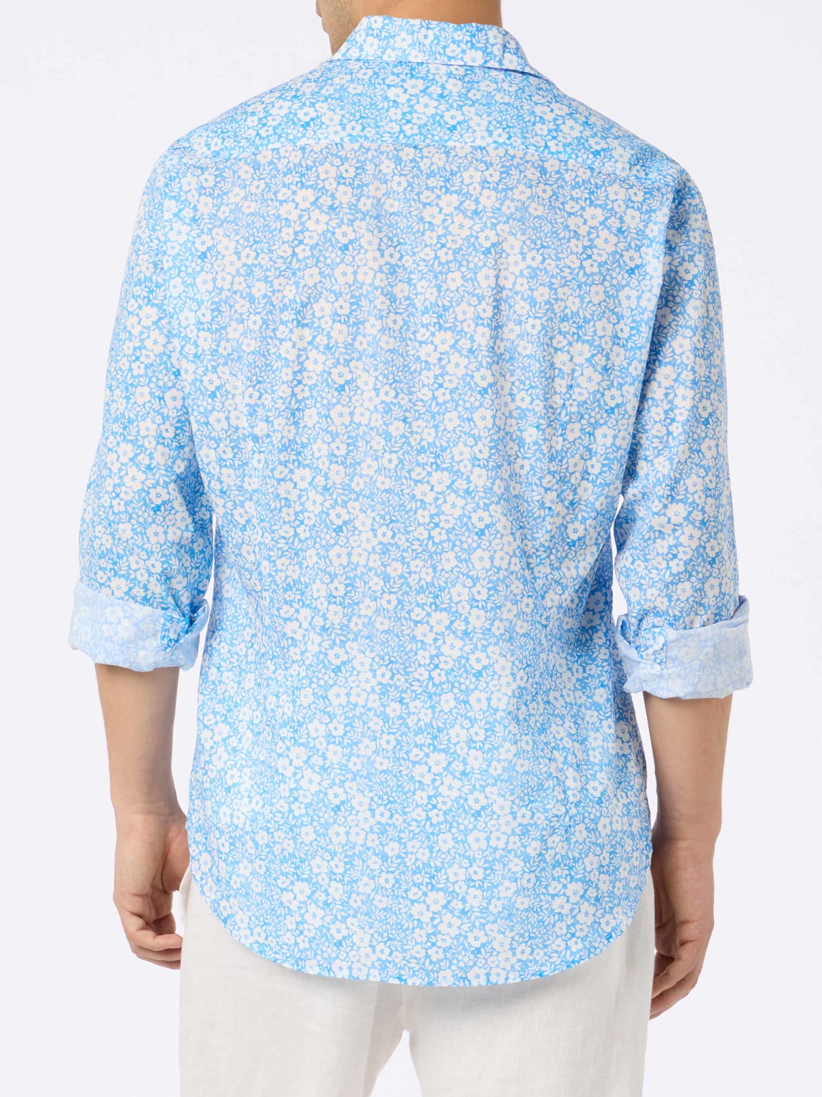 Mc2 Saint Barth Man Muslin Cotton Shirt Sikelia With Micro Flower Print In Sky