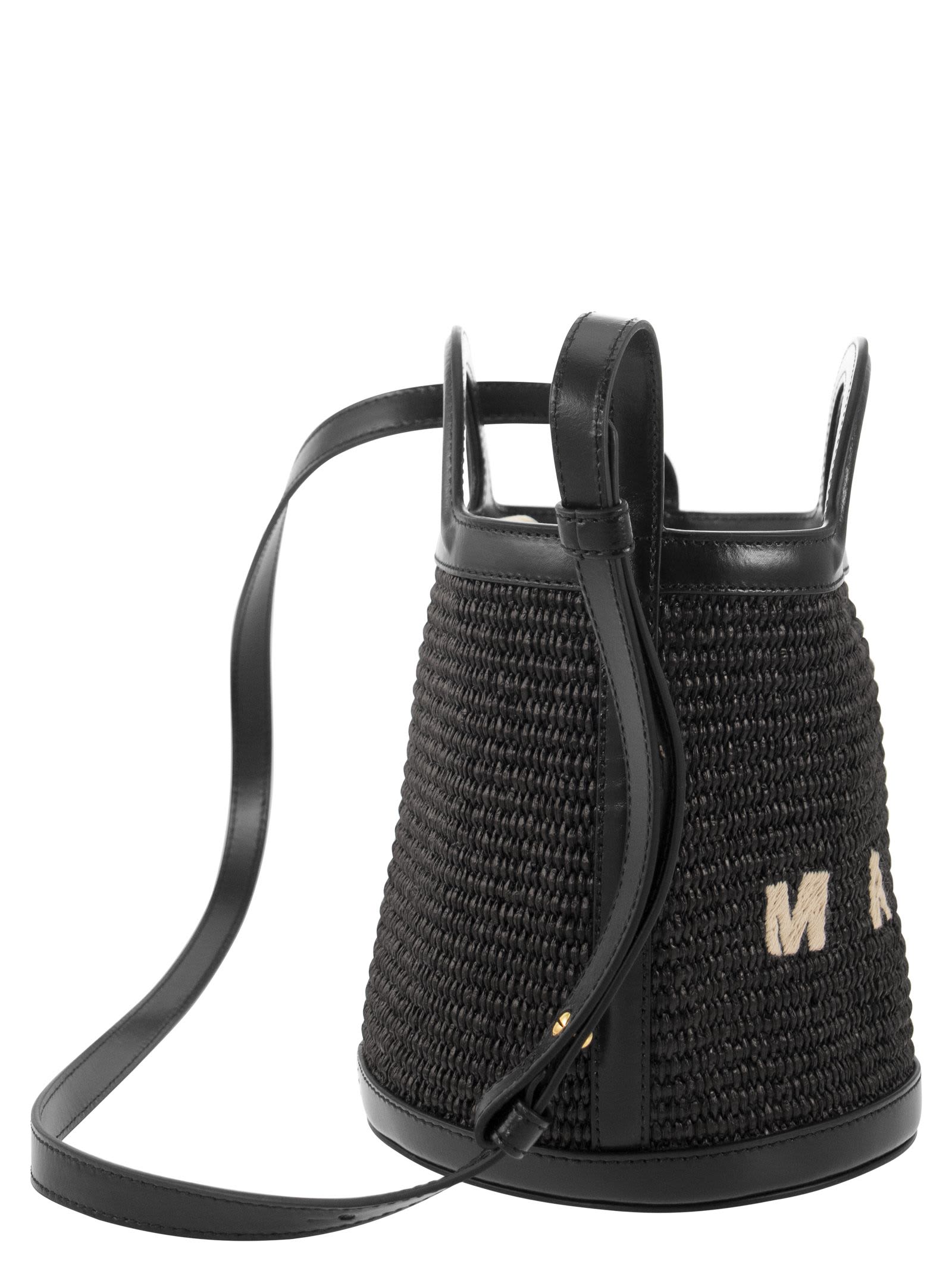 Marni Black Leather And Raffia Tropicalia Bucket Bag In Black