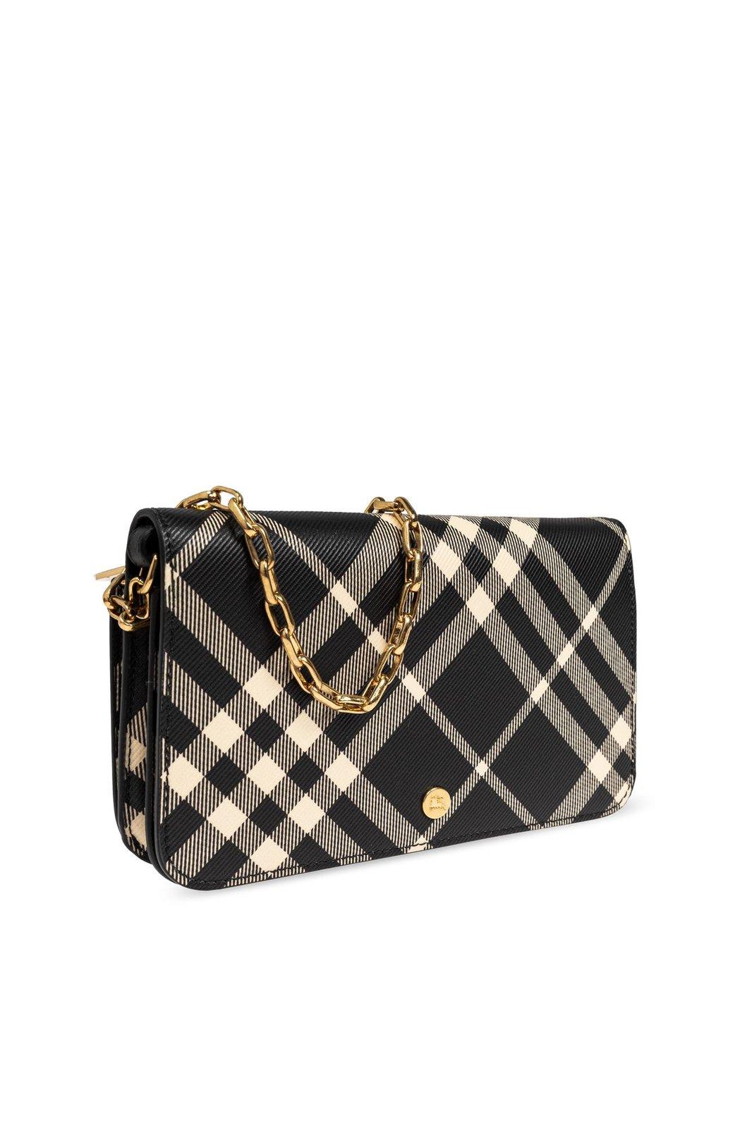 Shop Burberry Mini Check-printed Chain Strap Wallet In Nero