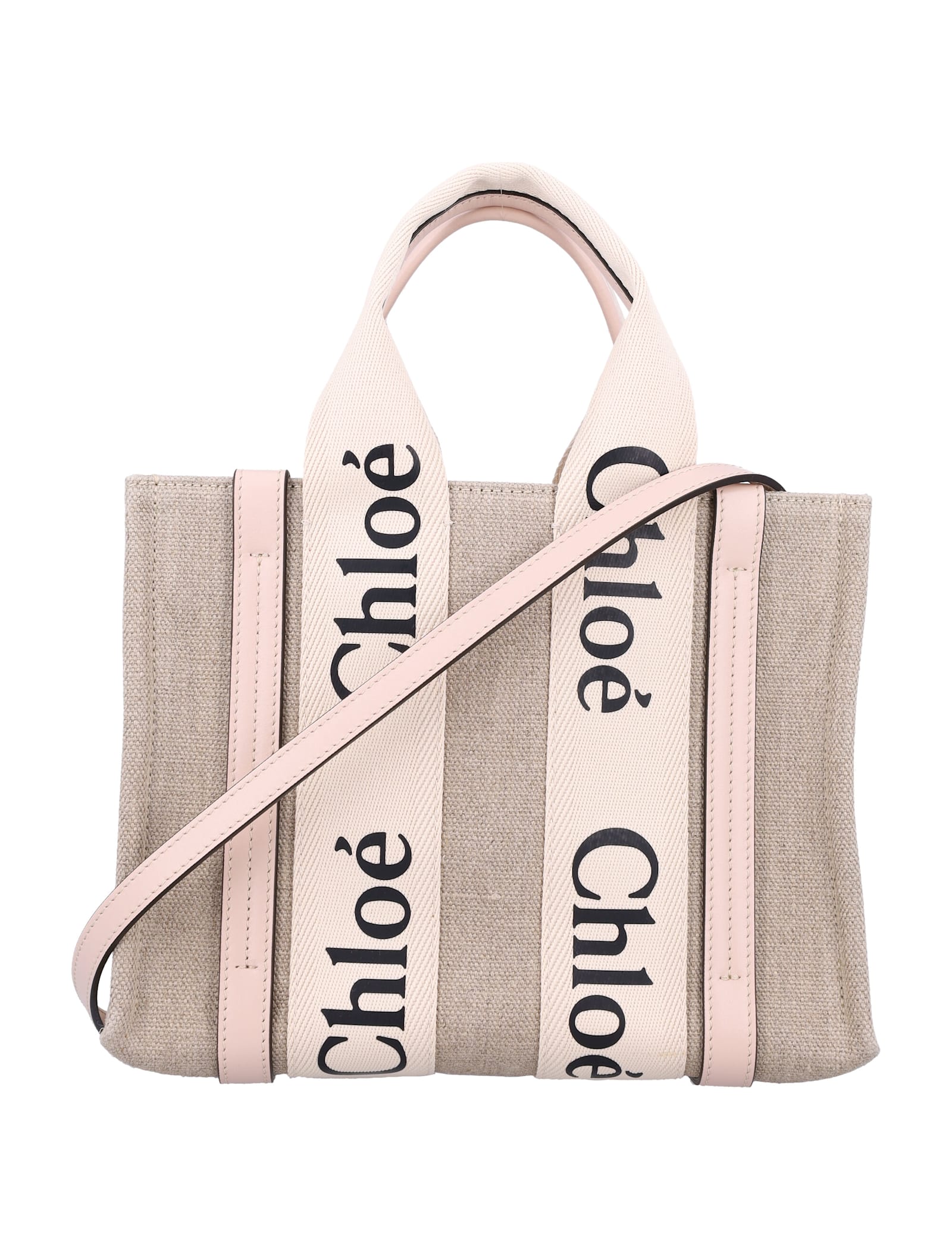 Shop Chloé Linen Woody Medium Tote Bag In Cement Pink