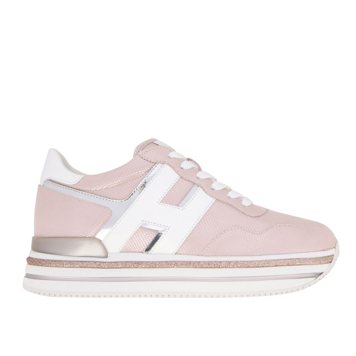 Hogan 468 Midi Platform Trainers In Leather With Big H And Glitter Piping In Pink