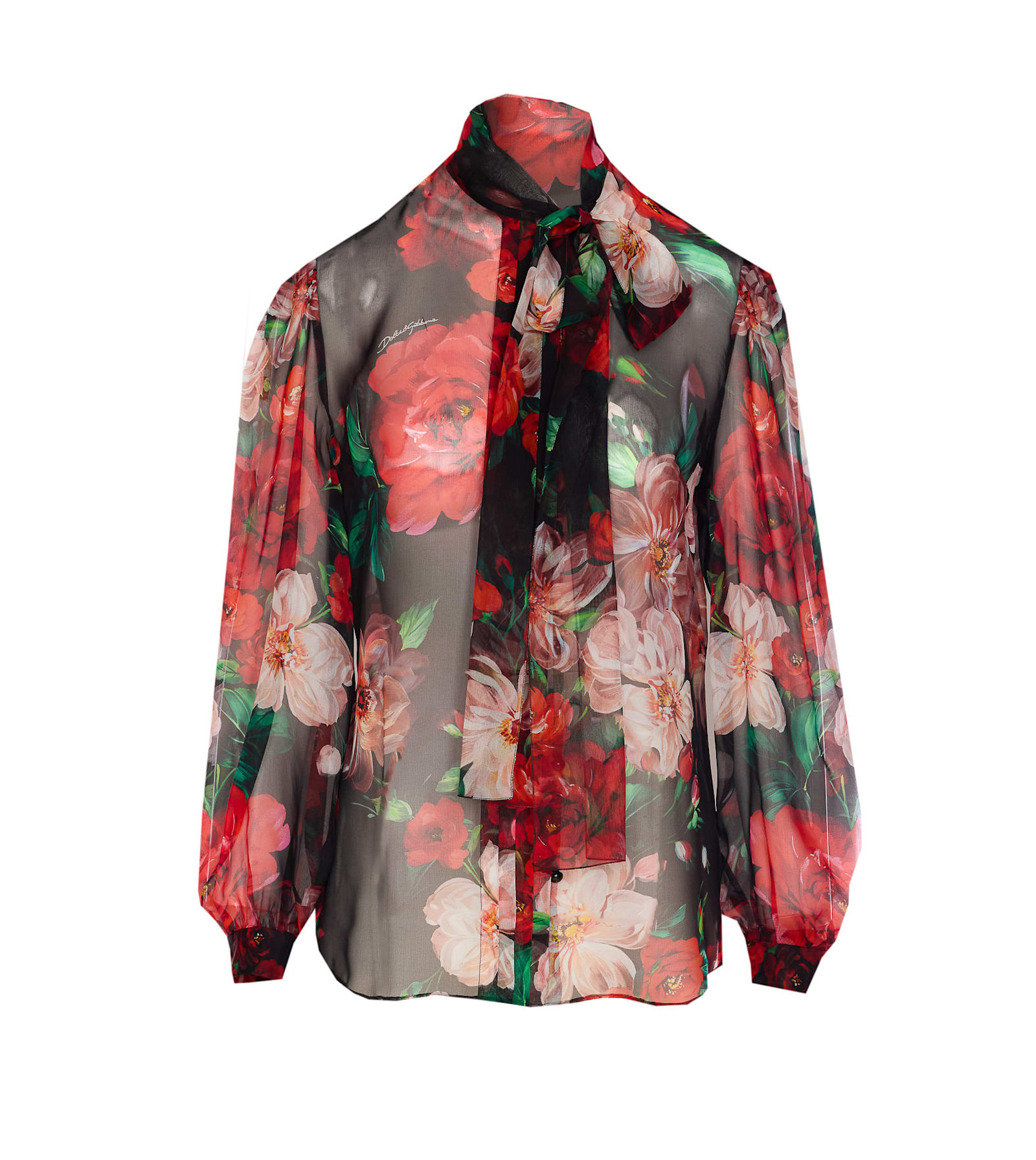 Dolce & Gabbana Shirt With Bow In Chiffon With Floral Print In Bouquetfioriantichifondonero