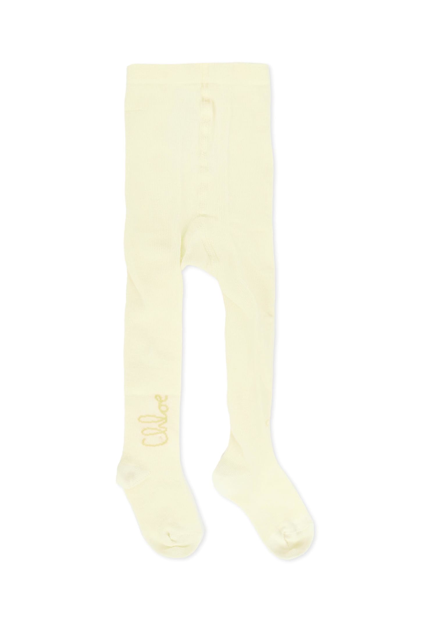 Chloé Ivory Tights For Baby Girl With Gold Logo In White
