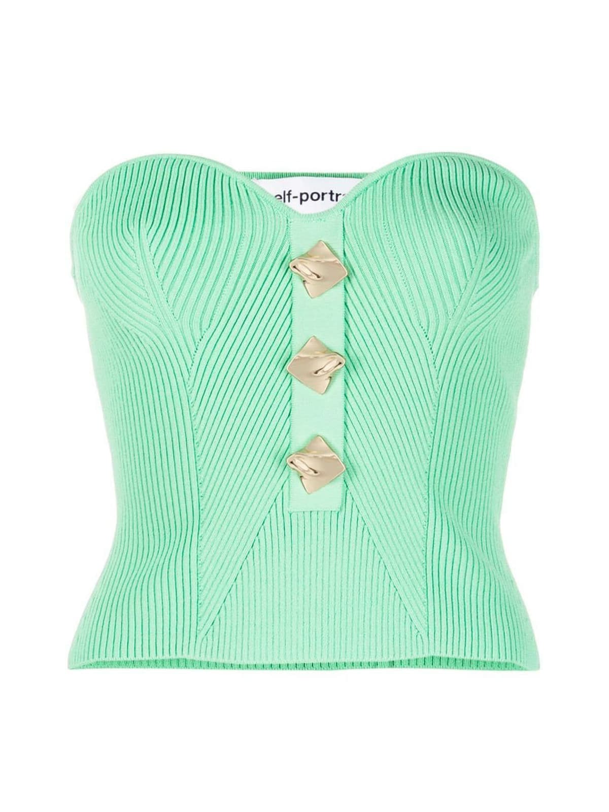self-portrait Green Strapless Ribbed Knit Top
