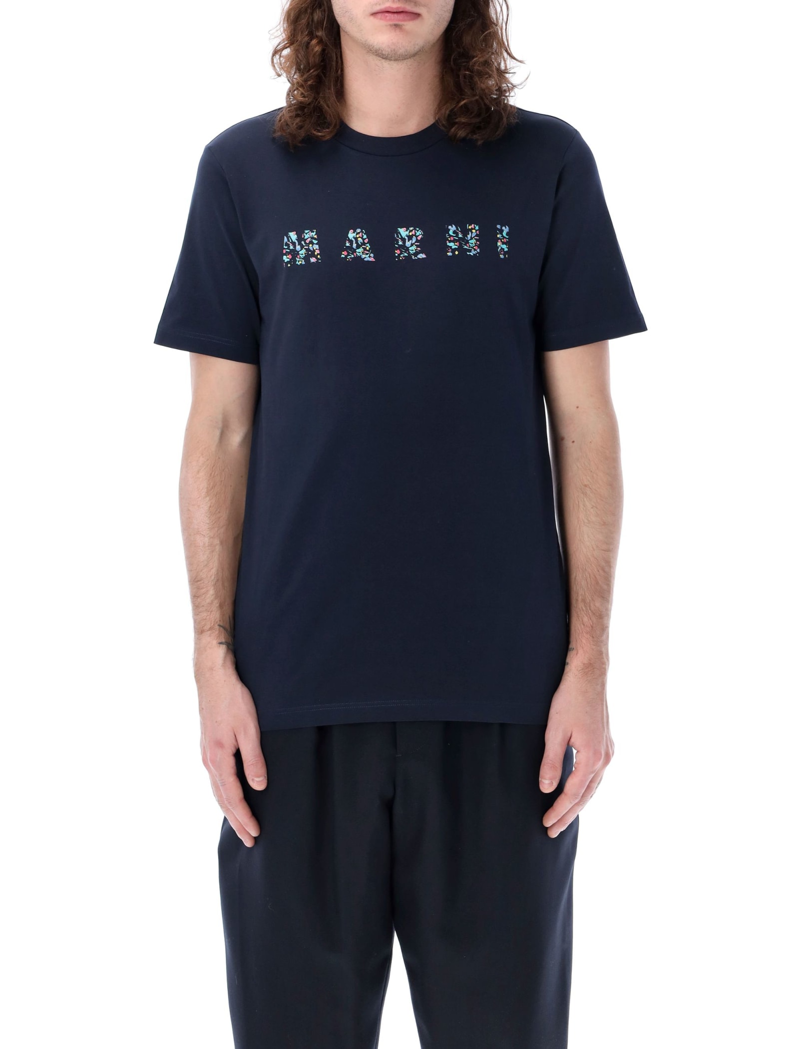 Shop Marni Logo Flowers T-shirt In Navy