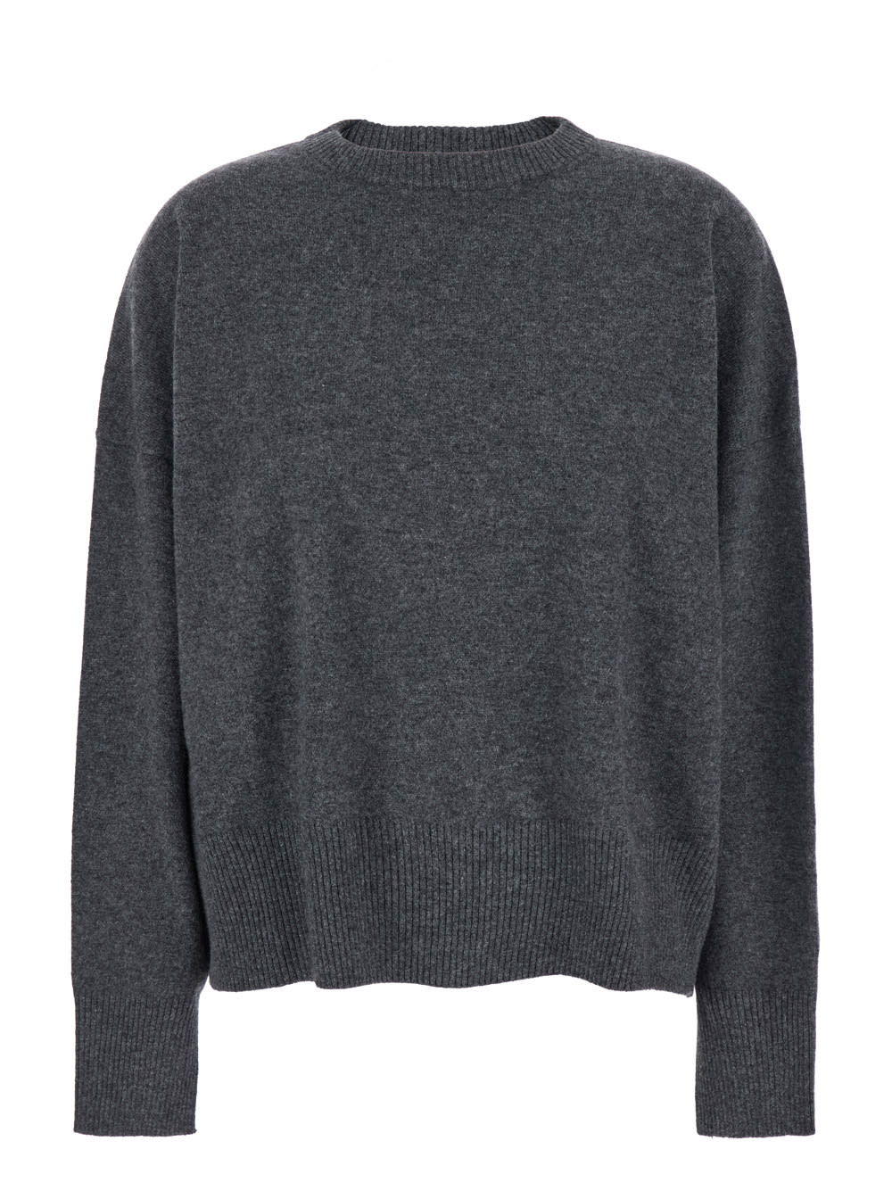 Grey Crewneck Sweater With Ribbed Trims In Cashmere Woman
