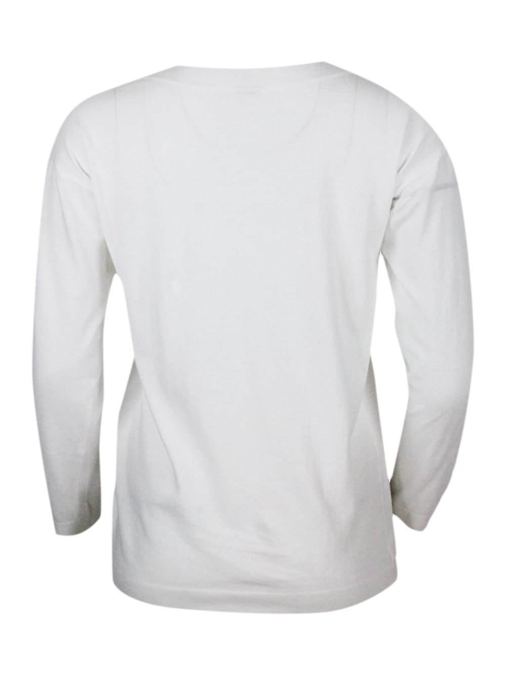 Shop Malo Crew-neck, Long-sleeved Shirt In Cotton Thread With Buttons On The Shoulder In White