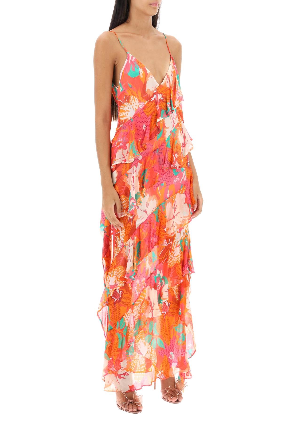 Shop Msgm Maxi Frilled Dress With Tropical Motif In Red