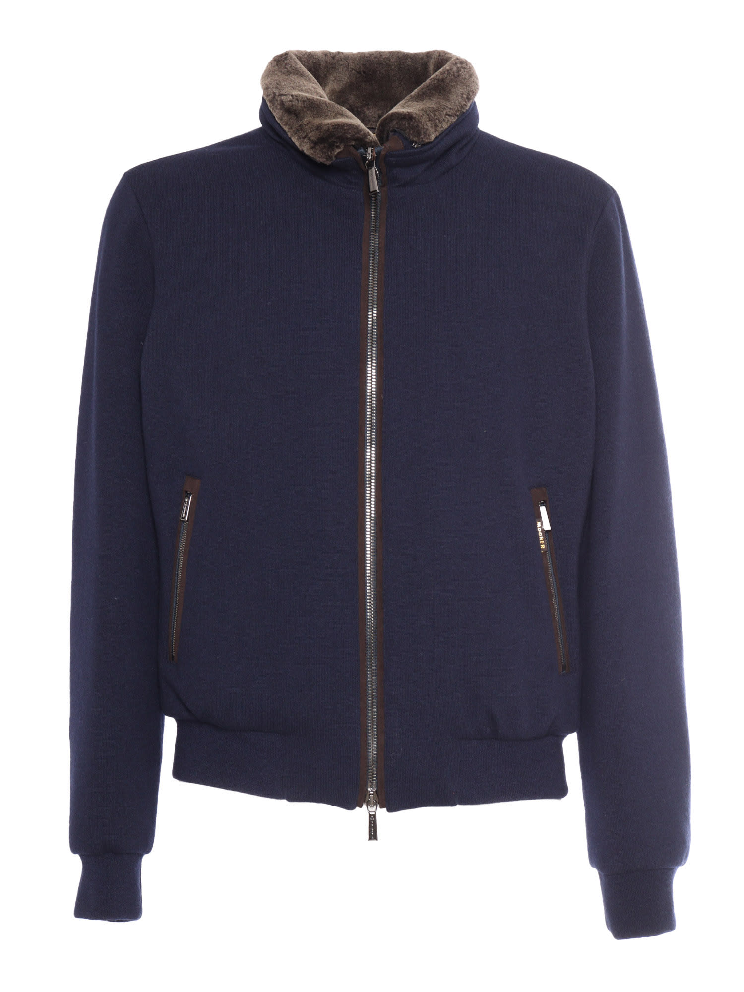 Moorer Padded Fleece Zip-up Jacket With Detachable Faux-fur Collar In Blue