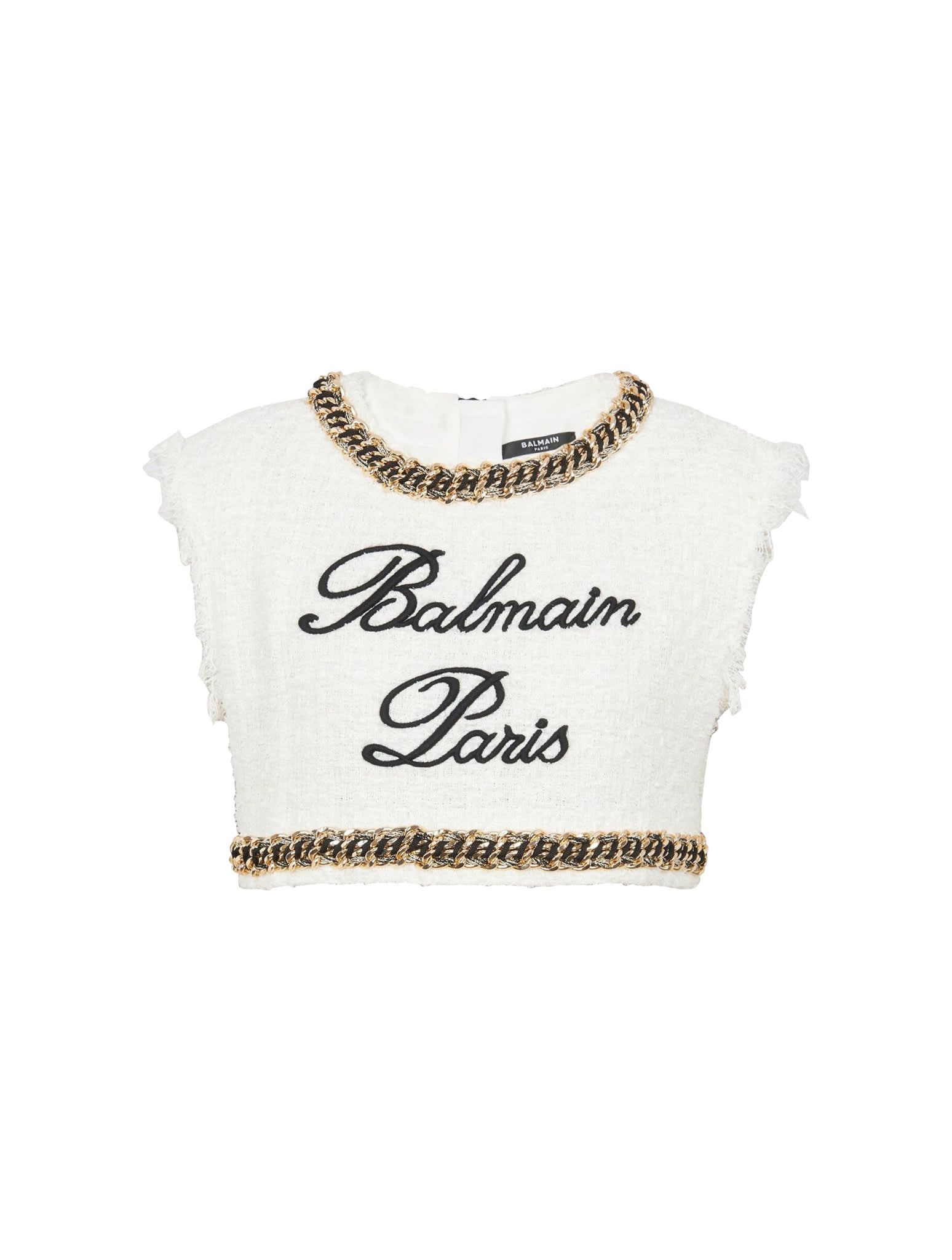 Shop Balmain Signature Embrdrd Tweed Crop Top In Gab Blanc Noir