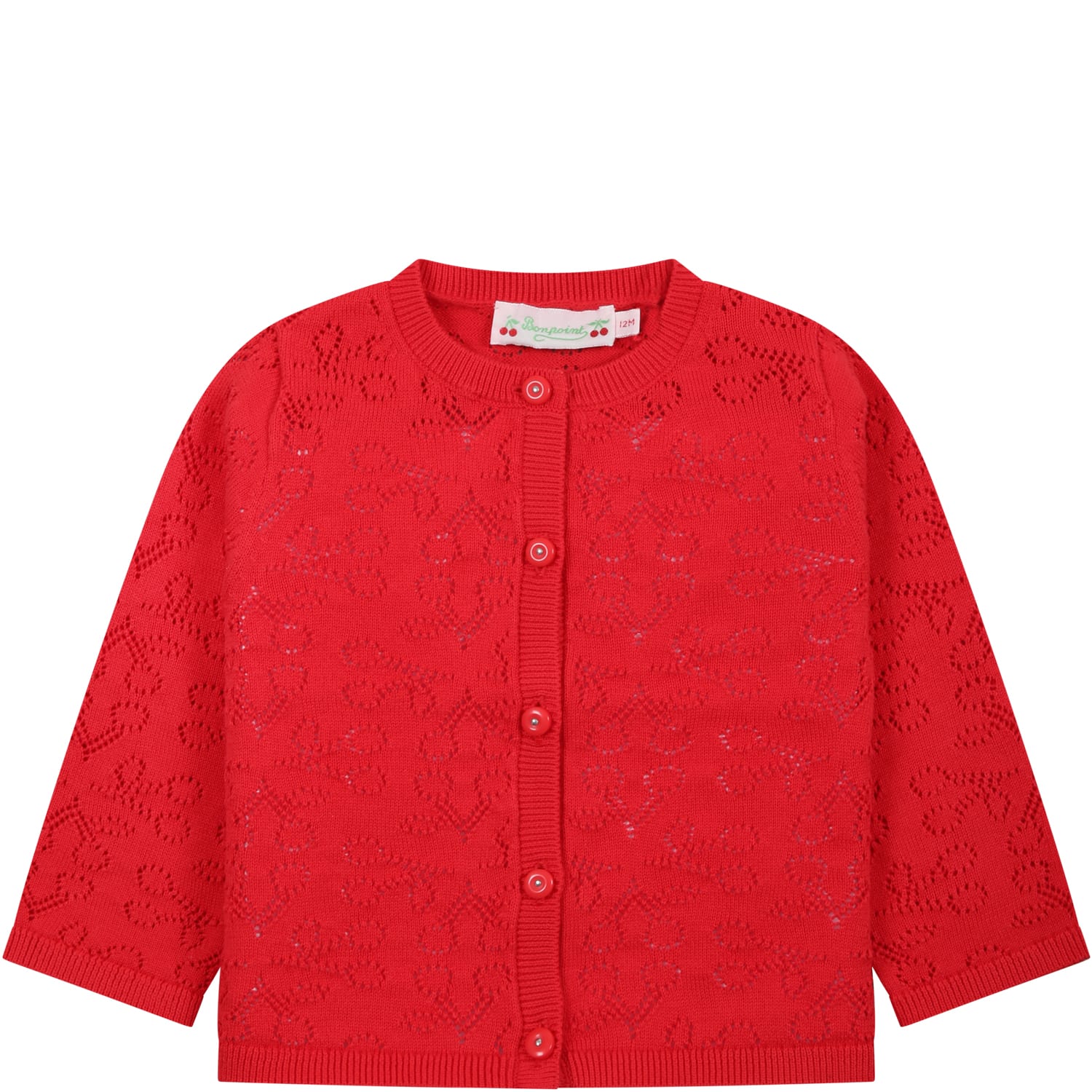 BONPOINT RED CARDIGAN FOR BABY GIRL WITH ICONIC CHERRIES ALL-OVER