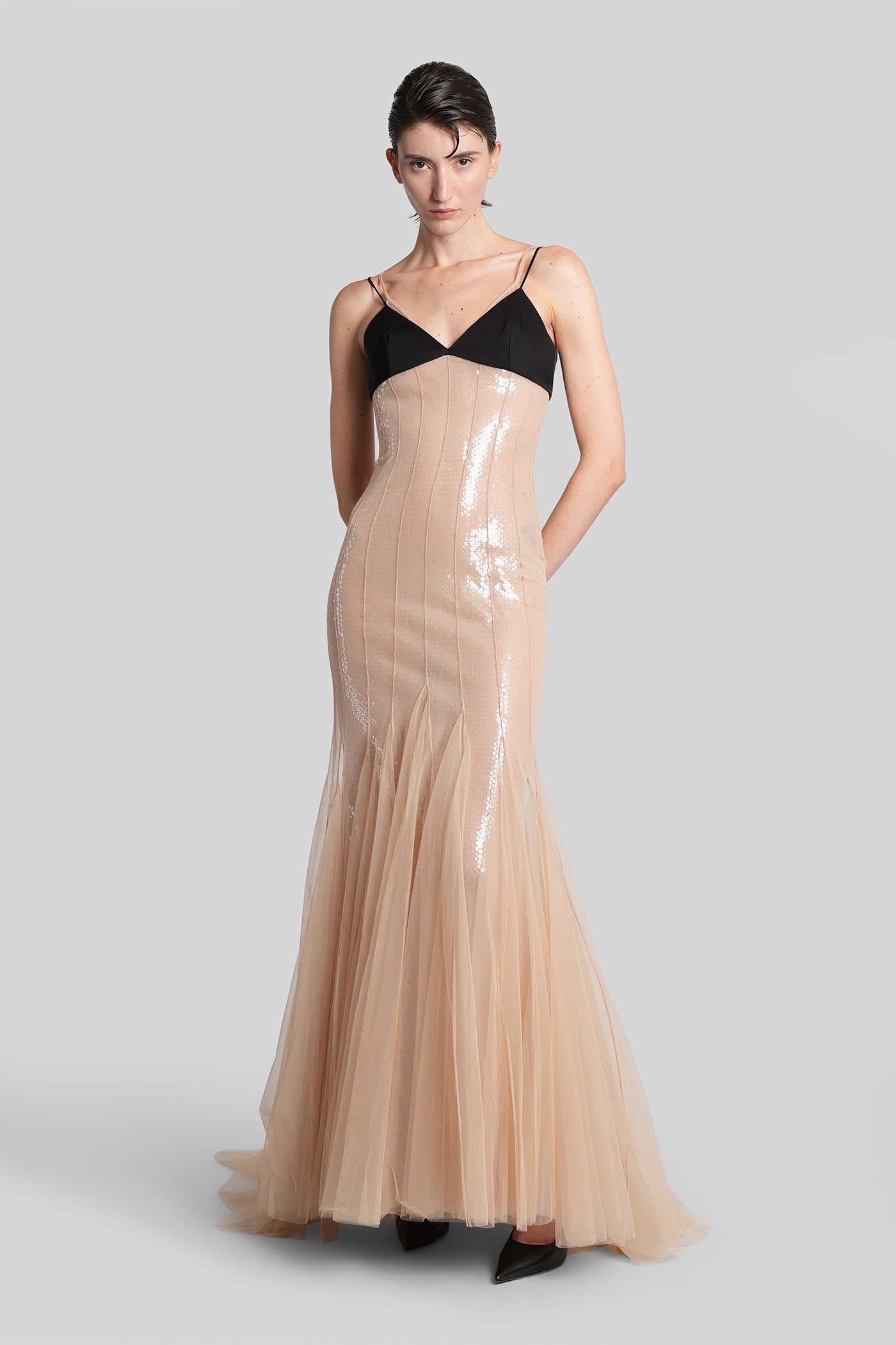 David Koma Long Dress In Beige Polyester In Brown