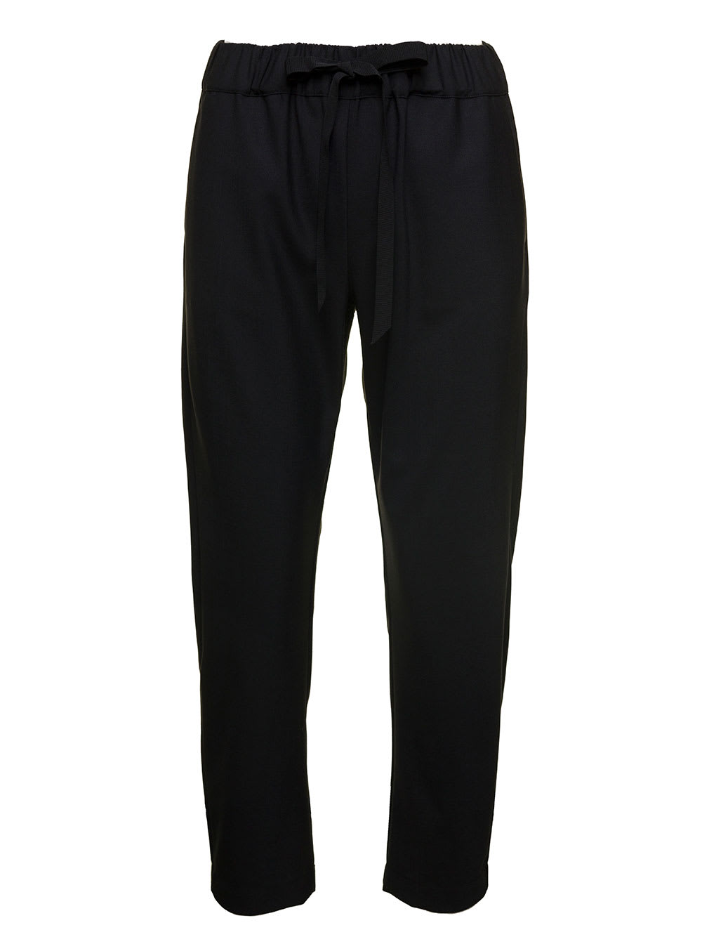 SEMICOUTURE BLACK STRAIGHT PANTS WITH DRAWSTRING IN WOOL STRETCH WOMAN