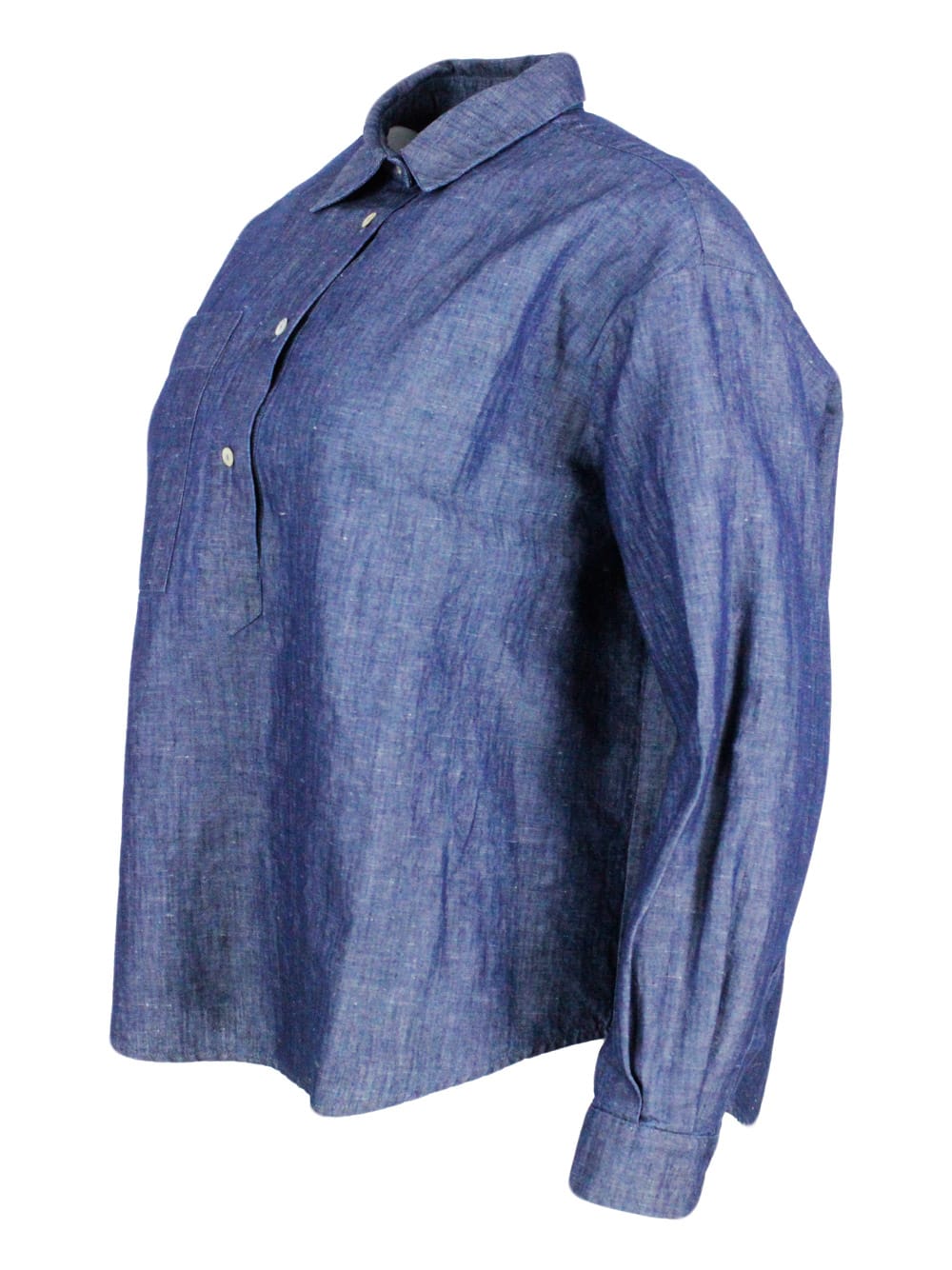 Shop Barba Napoli Lightweight Denim-effect Pull-on Shirt In Linen Cotton With Four Buttons And Chest Pocket