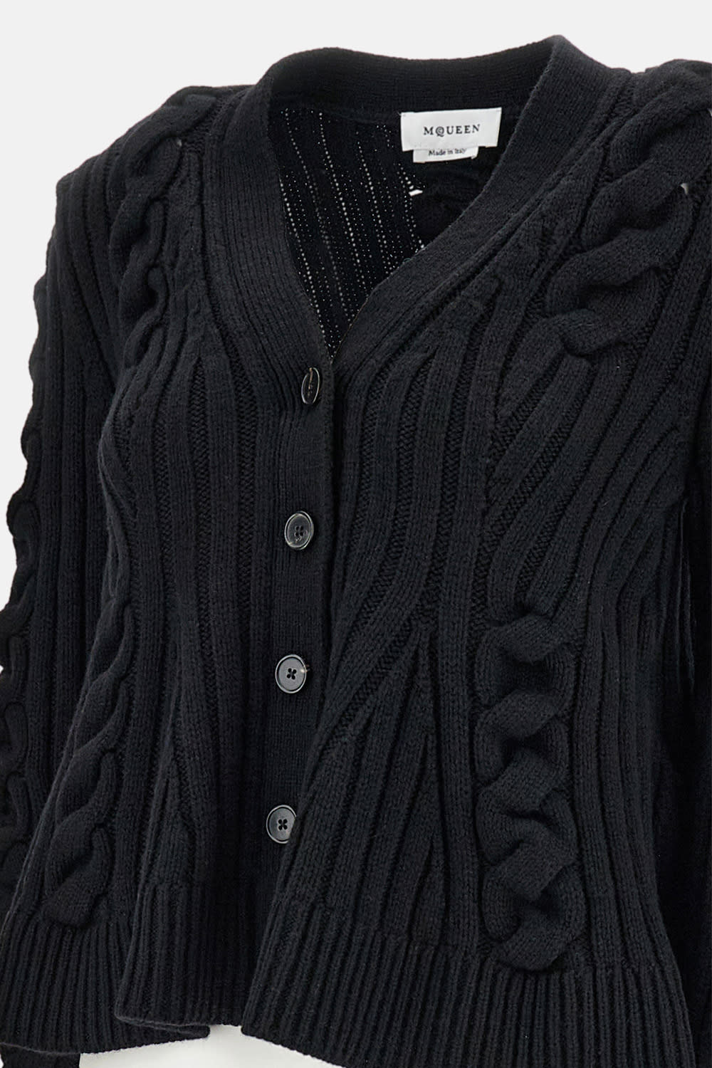 Alexander Mcqueen Cable- Knit Peplum Cardigan In Black
