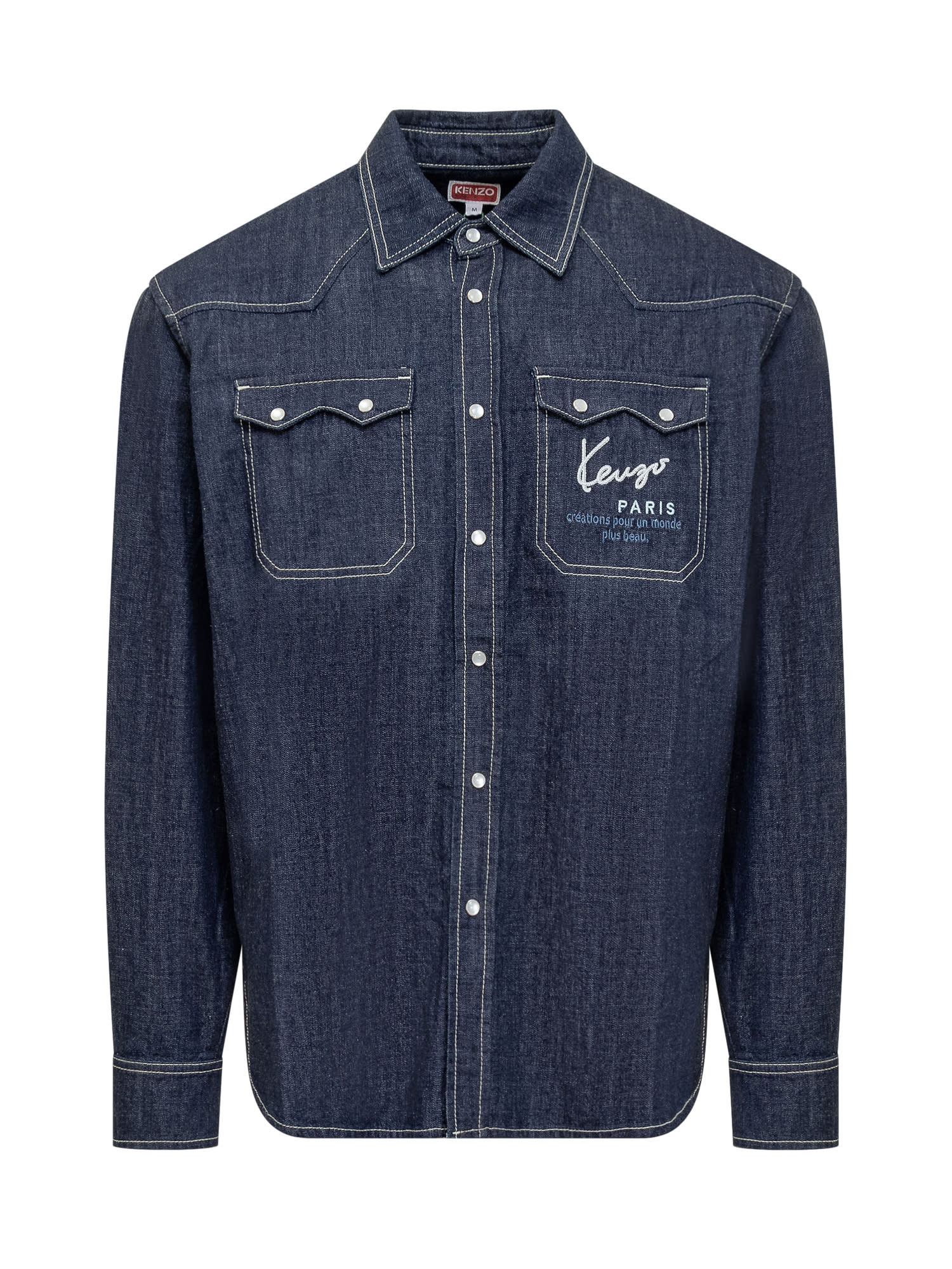 Shop Kenzo Shirt With Logo In Rinse Blue Denim