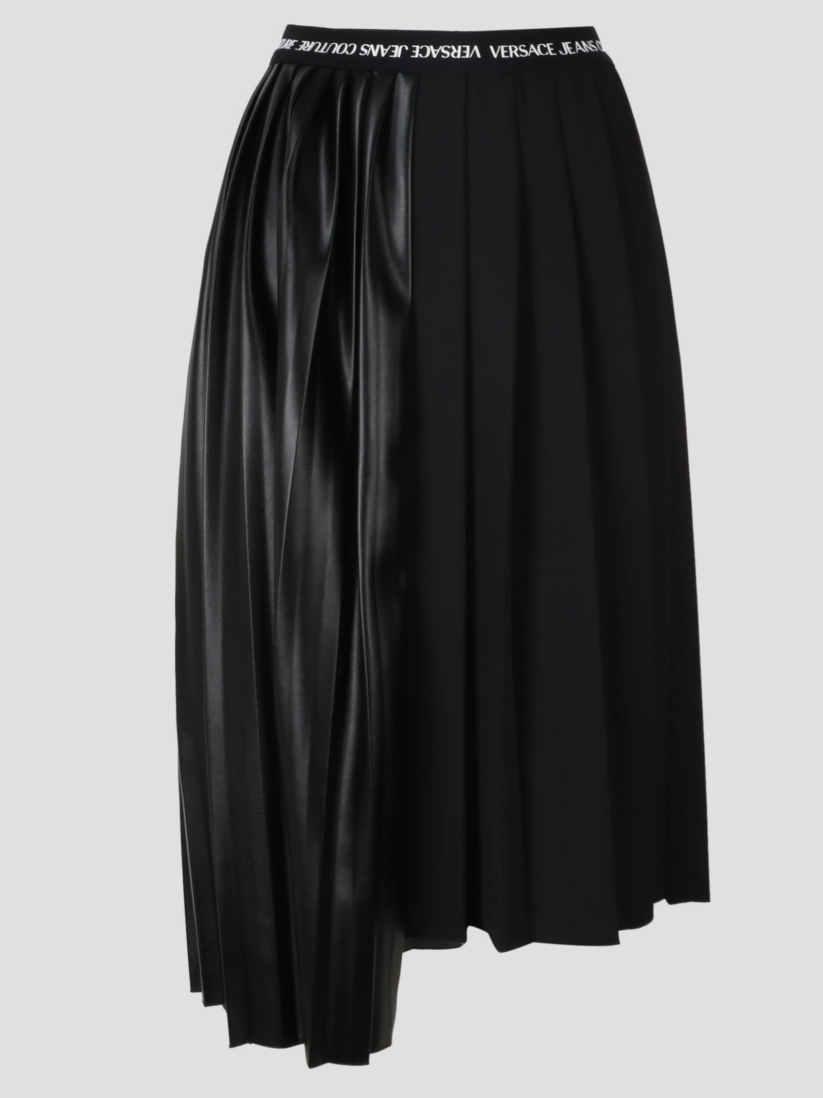 Shop Versace Jeans Couture Logo Pleated Midi Skirt In Black